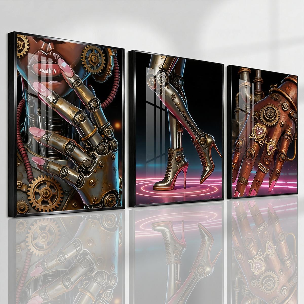 3 Counts Aluminum Alloy Framed Painting, Futuristic Cyberpunk Robot Art Pictures, Home Decoration For Living Room, Bedroom, Office, Restaurant, Hallway Wall Decor, Odorless Print Artwork, Luxury Perfect Gift For Friends And Family