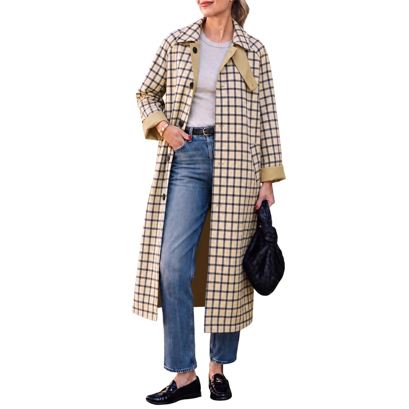 TANKANEO Women Oversized Plaid Long Shacket Coat, Lapel Collar Button Down Long Sleeve Casual Trench Shirt Jacket with Pockets