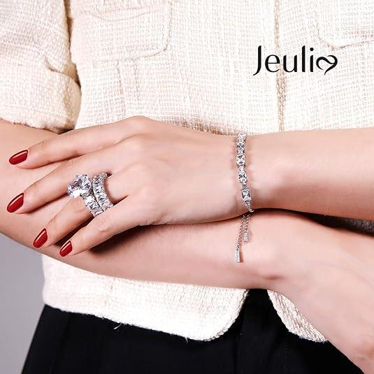 Jeulia Cushion Cut Three Sided Pave Sterling Silver Eternity Ring Cubic Zirconia Art Deco Halo Wedding Engagement Anniversary Rings Set Finejewelry with giftbox