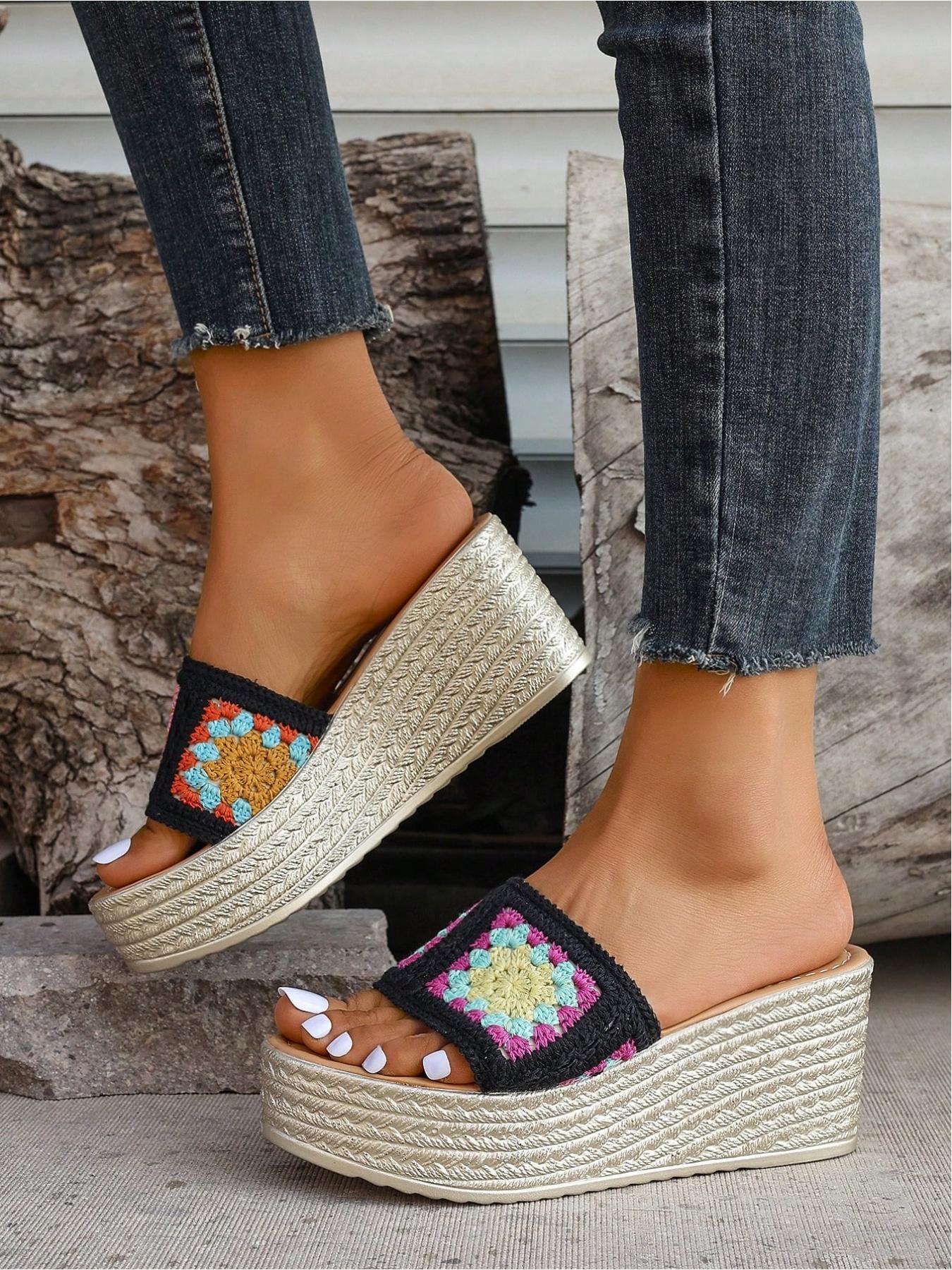 Vintage Bohemian Resort Style Handmade Crochet & Straw Wedge Heels, Breathable, Thick Sole, Anti-Slip, Multiple Sizes & Colors, Perfect for Daily Wear