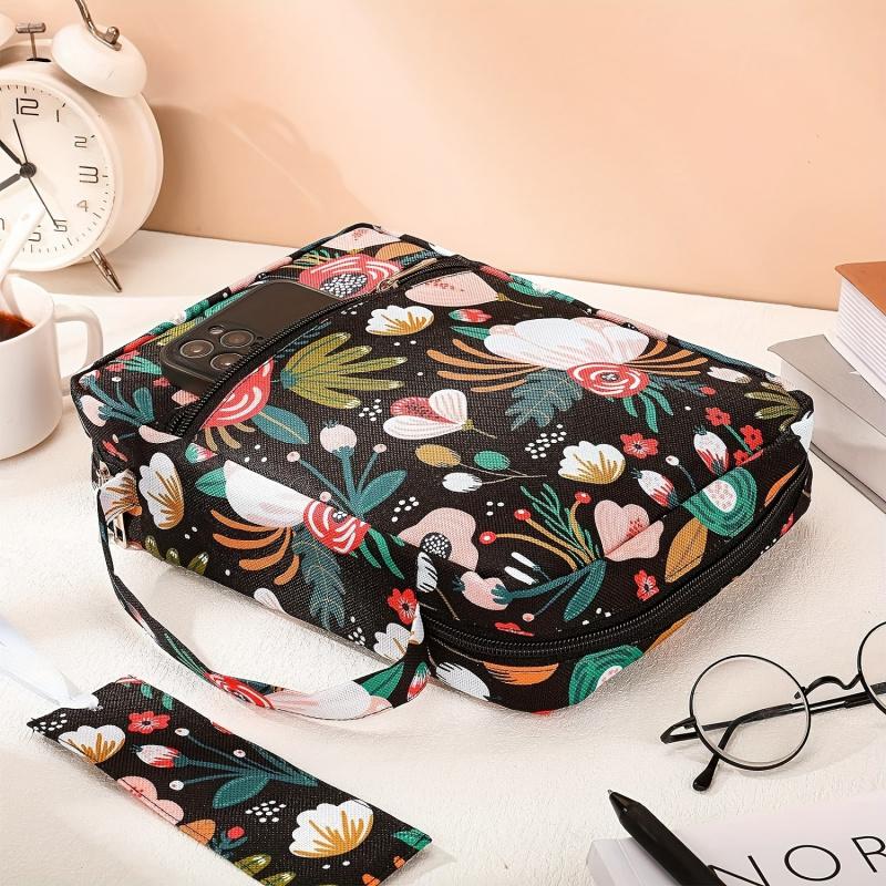 Floral Pattern Bible Cover for Women Girls Kids with Handle Strap Stand Portable Book Sleeve for Church School Gift