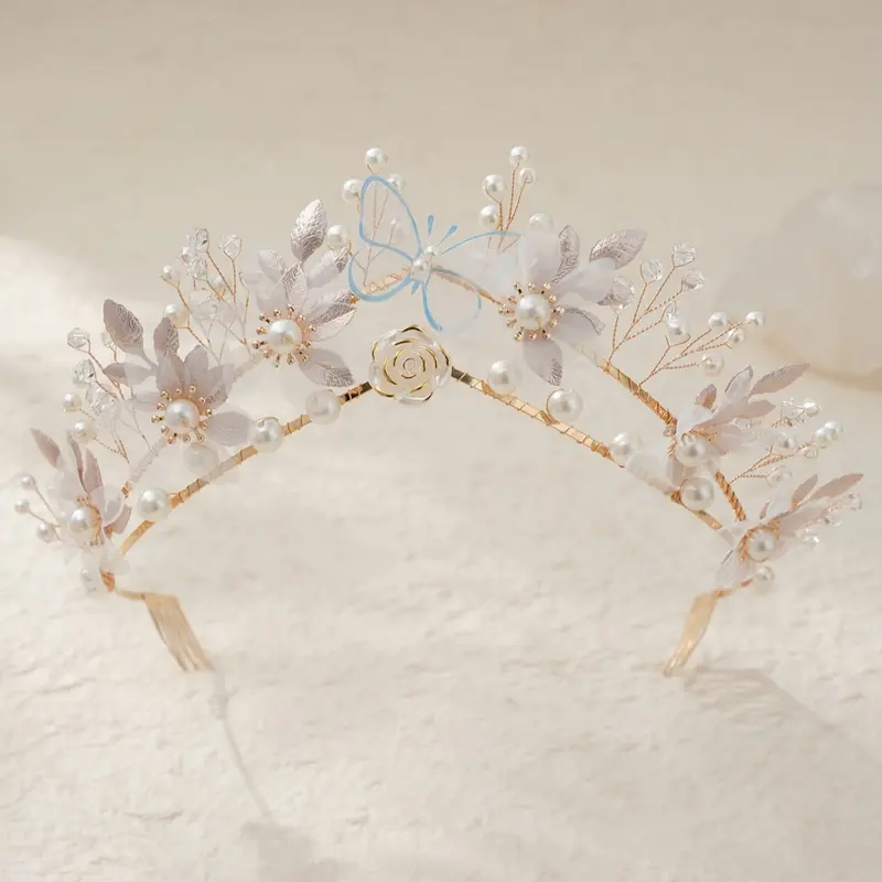 Elegant Butterfly Floral Bridal Crown, Romantic Pearl Rhinestone Wedding Headpiece, Korean Handmade Wedding Dress Accessory