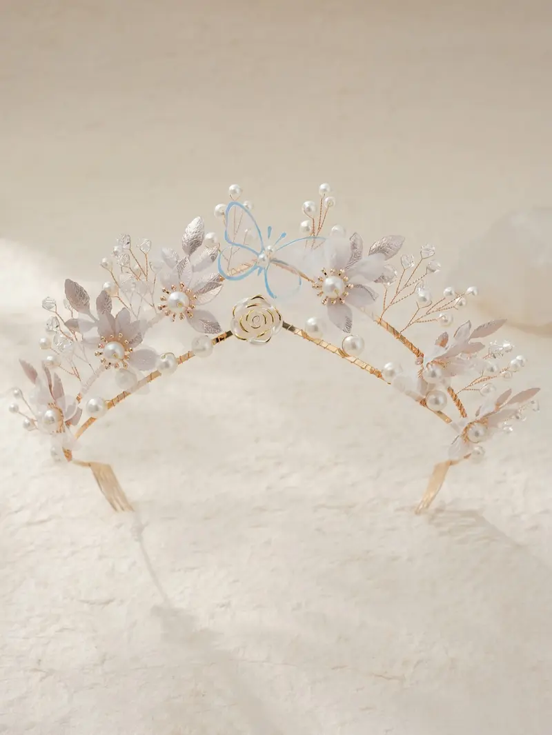 Elegant Butterfly Floral Bridal Crown, Romantic Pearl Rhinestone Wedding Headpiece, Korean Handmade Wedding Dress Accessory