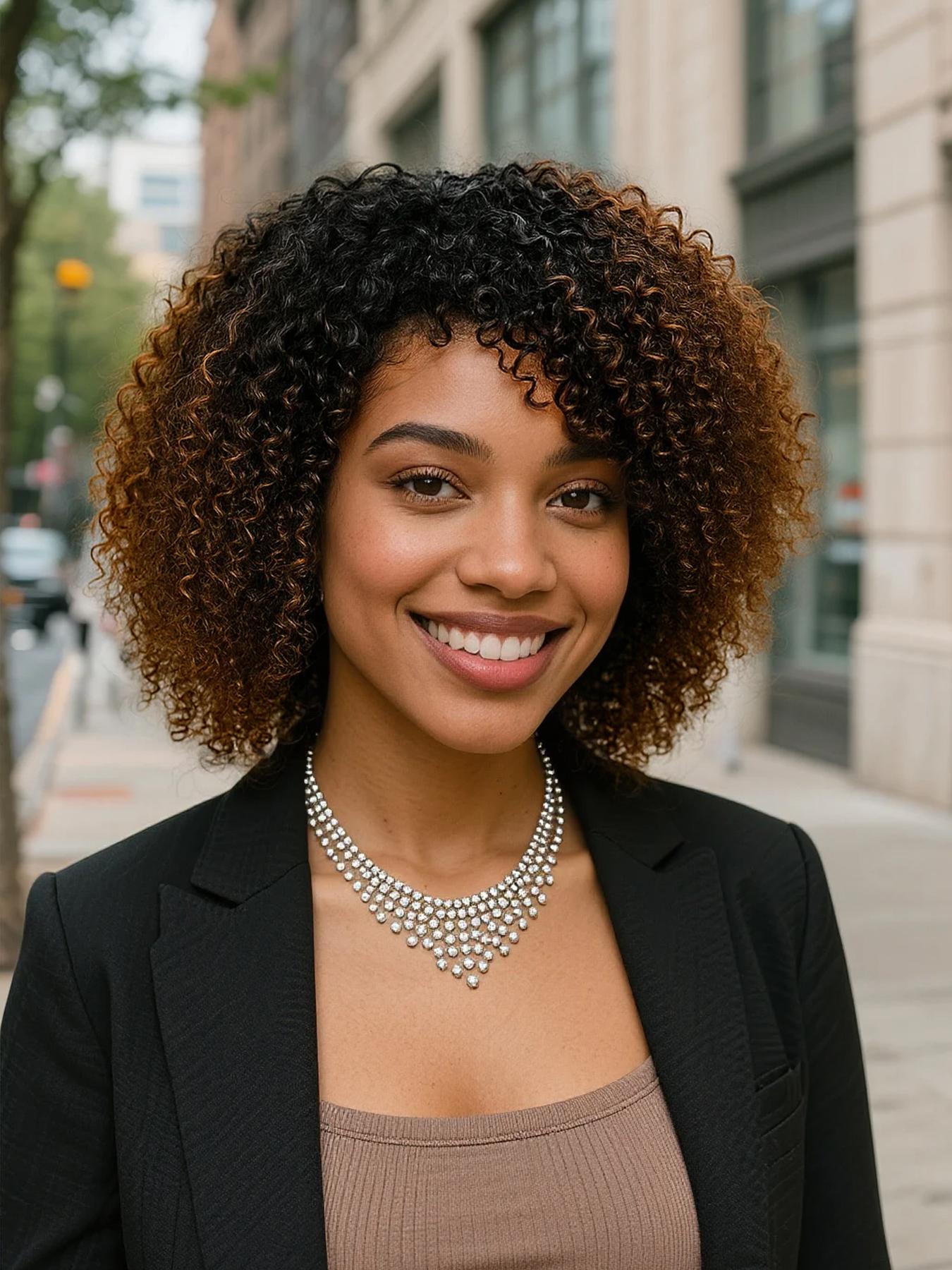 12 Inch Human Hair Wig Natural Curly Bob Soft Bouncy and Lightweight Ombre Brown with Black Roots Lace Front Wig with Pre Plucked Hairline Full Volume Daily Wear, Party, Glueless Hair Wigs, Glueless Frontal Wig
