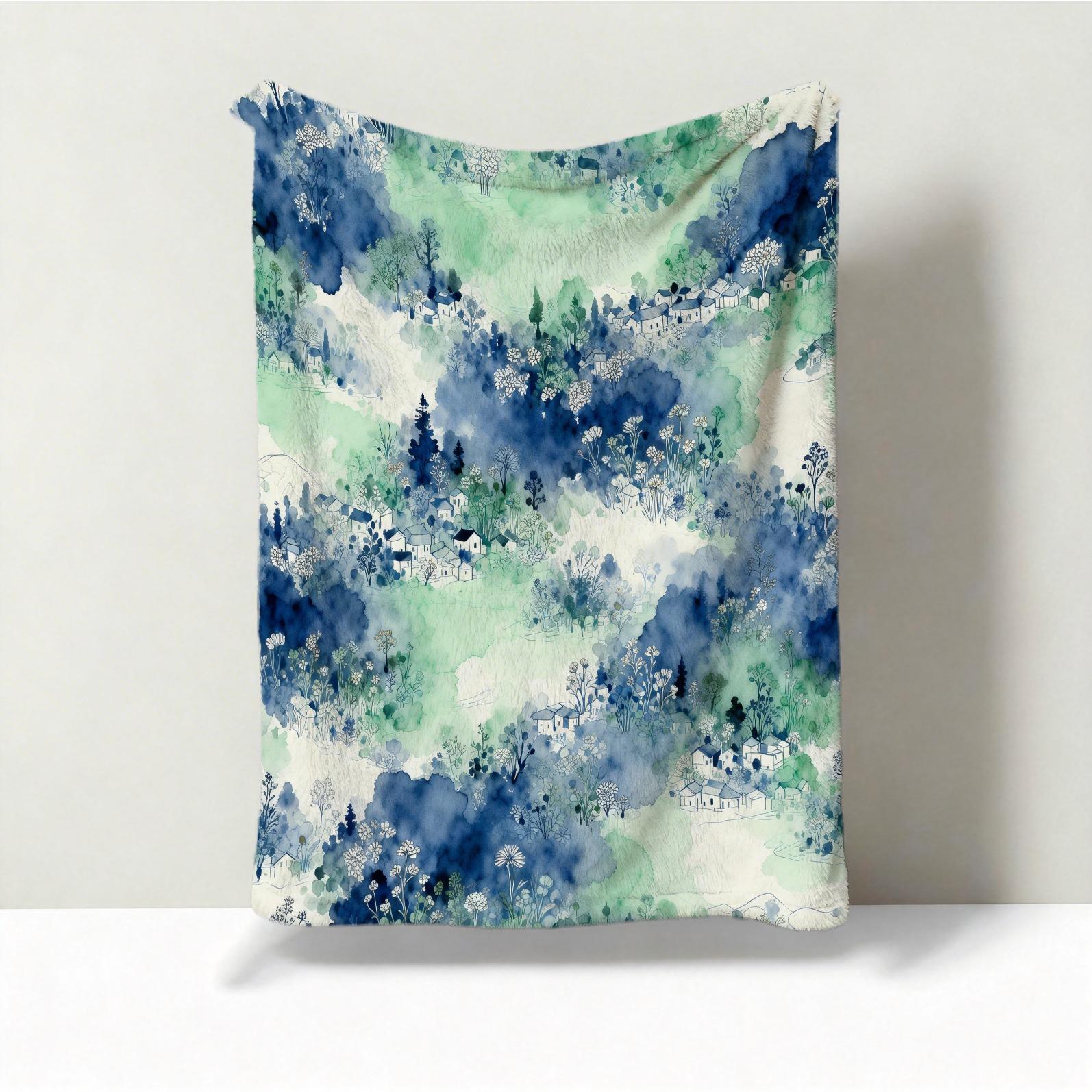 1 Piece Watercolor Landscape Checkered Blanket, HD Digital Single-Sided Printed Flannel Throw Blanket, Ultra Soft Cozy Blanket for Sofa, Bed and Travel, Aesthetic Decorative Gift Blanket