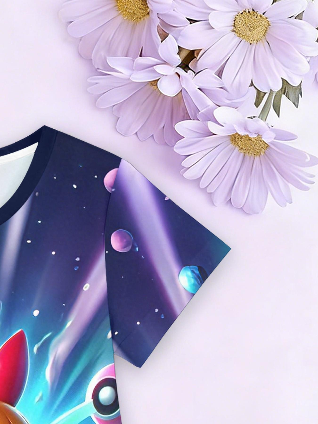 Girls' 3D Space Print A-Line Dress, Cute Cartoon Short Sleeve Skirt, Fashion Outdoor Wear, Birthday Gift, Holiday Gift