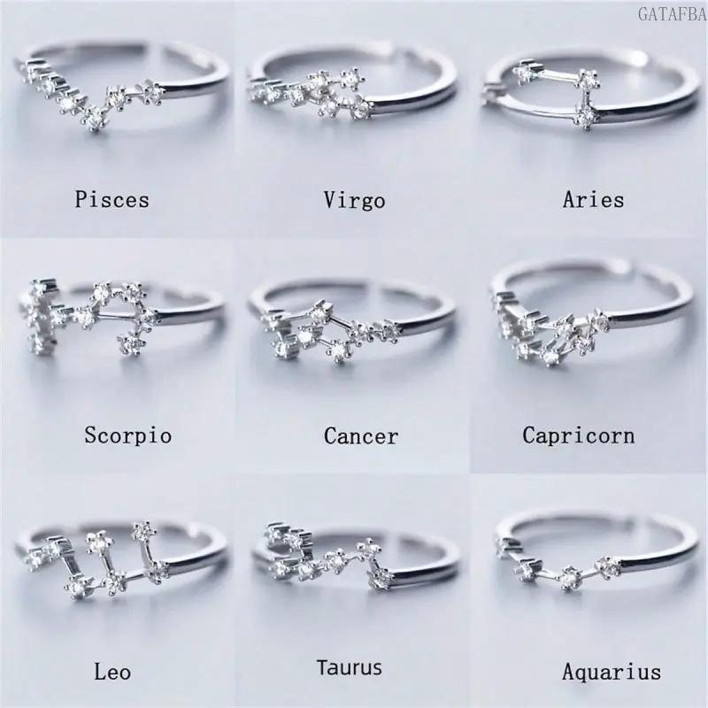 Zodiac Sign Ring, Copper Inlaid Zircon Silver Plated Adjustable Open Ring for Twelve Constellations