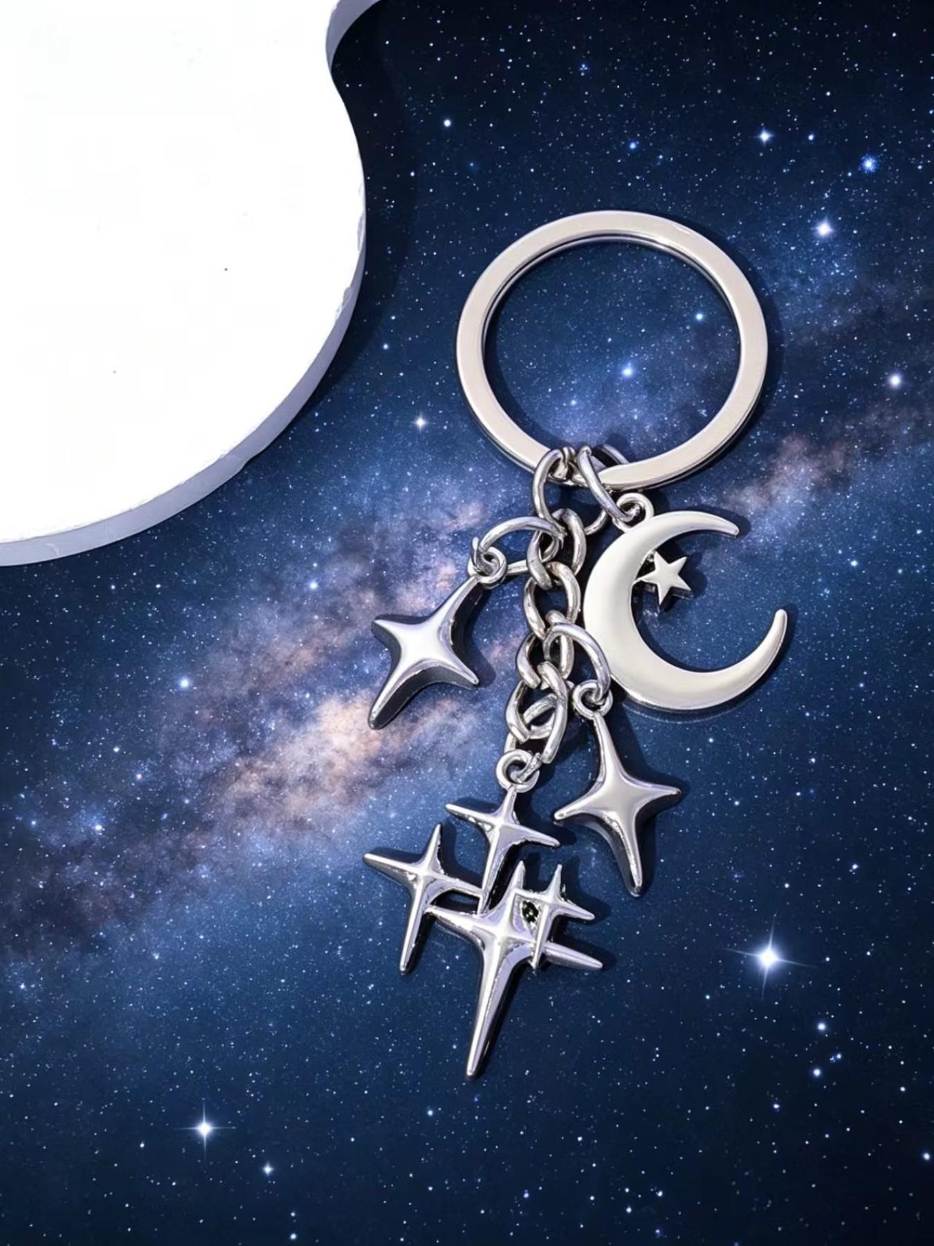 Cross-Border DIY Creative Hollow Four-Point Star Moon Pendant Keychain, Bag Decoration Hanging Item, Gift, Unique Accessory