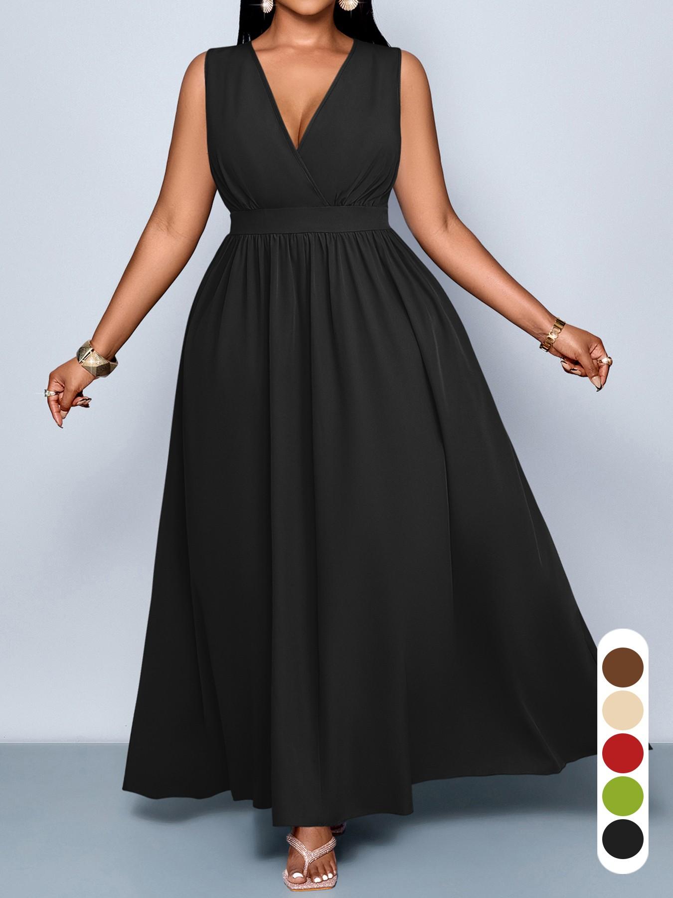 Plus Size Women's Elegant Casual Sleeveless High Waist A-Line Dress, Sexy Solid Color V-Neck Fitted Dress for Spring & Summer, Womenswear - TikTok Shop Plus Size Women's Elegant Casual Sleeveless High Waist A-Line Dress, Sexy Solid Color V-Neck Fitted Dress for Spring & Summer, Womenswear - TikTok Shop