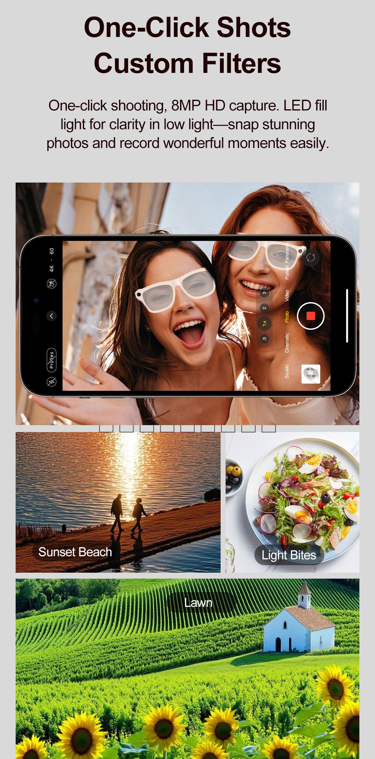 xk one pro AI wireless photo-taking glasses, equipped with an 800W camera for taking photos, AI object recognition, making and receiving calls, body-worn detection, AI translation, voice activation. Note: This product cannot record videos.