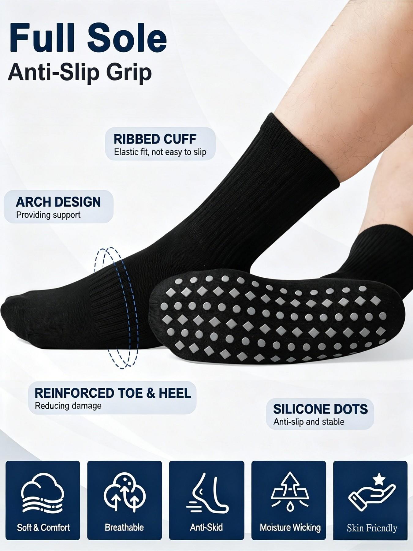 4 Pairs Non Slip Grip Socks for Men Women, Crew Grippy Socks for Hospital Pilates Yoga, Gifts for Seniors Elderly, All Seasons Casual Style