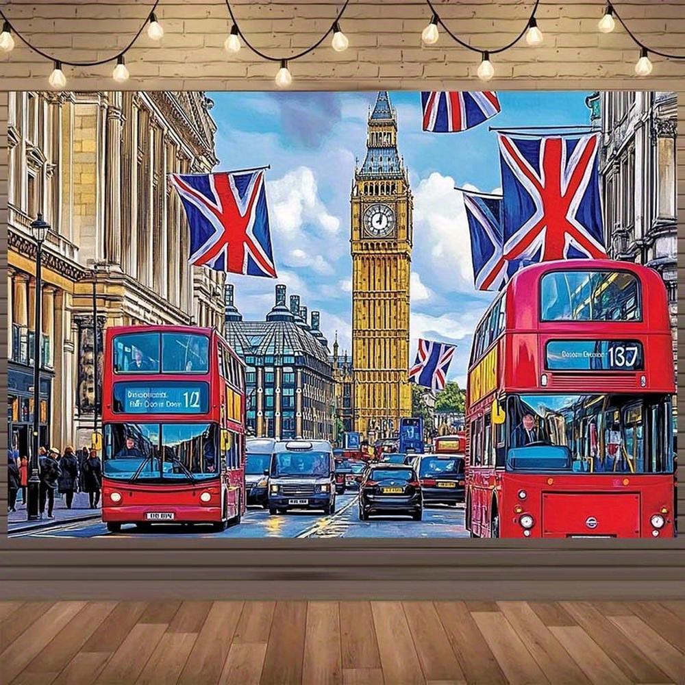 2D Flat British-Themed Party Backdrop Banner, Big Ben, Red Buses & Union Jack Flags Design, Durable Polyester for St. George's Day, Photography Props & Events