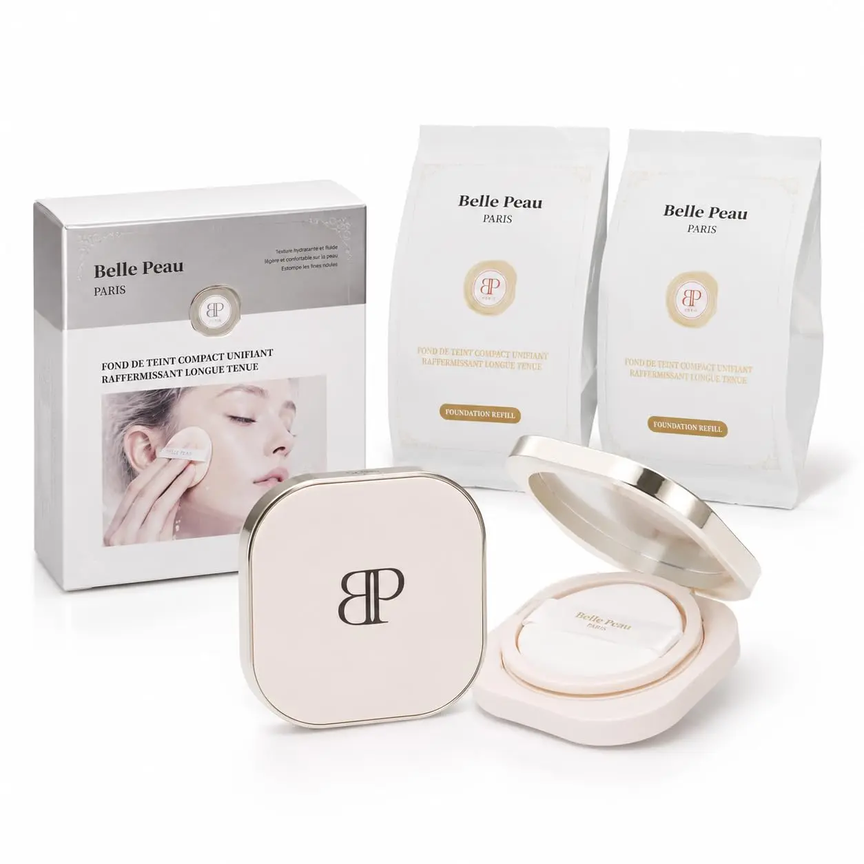 EITIKO Firming Compact Cushion Foundation Set with 2 Refills, Full Coverage Lightweight Skin-Fit Formula, Long-Lasting Buildable Face Makeup, Satin Glow Finish with Puff