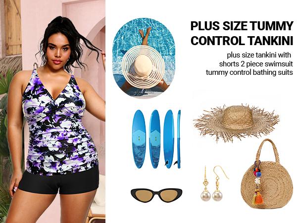 Aqua Eve Plus Size Tankini with Shorts Two Piece Swimsuits Tummy Control Bathing Suits for Women