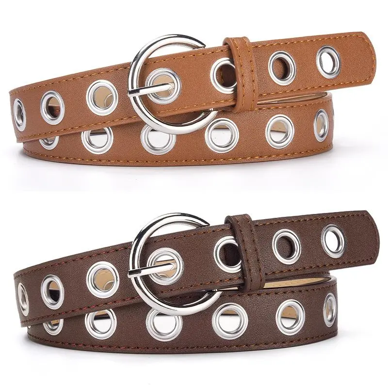 Punk Rock Fashion Belt for Women & Men, Adjustable PU Leather Strap with Single-Row Studded Grommets for Jeans & Dresses, Fashion Belts, Belts For Dresses, Halloween