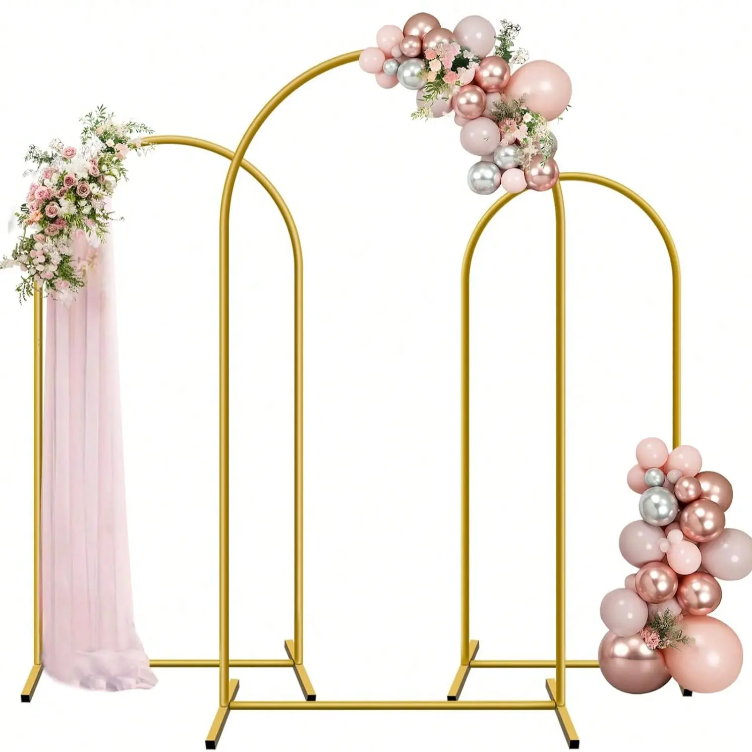 Gold Metal Wedding Arbor Arches Set (3-Piece) - 7.2FT/6.6FT/6FT Stable Detachable Frame, Easy-Assembly Balloon Garland Stand for Wedding Arbor, Graduation Theme & Happy Birthday Party Background Decoration
