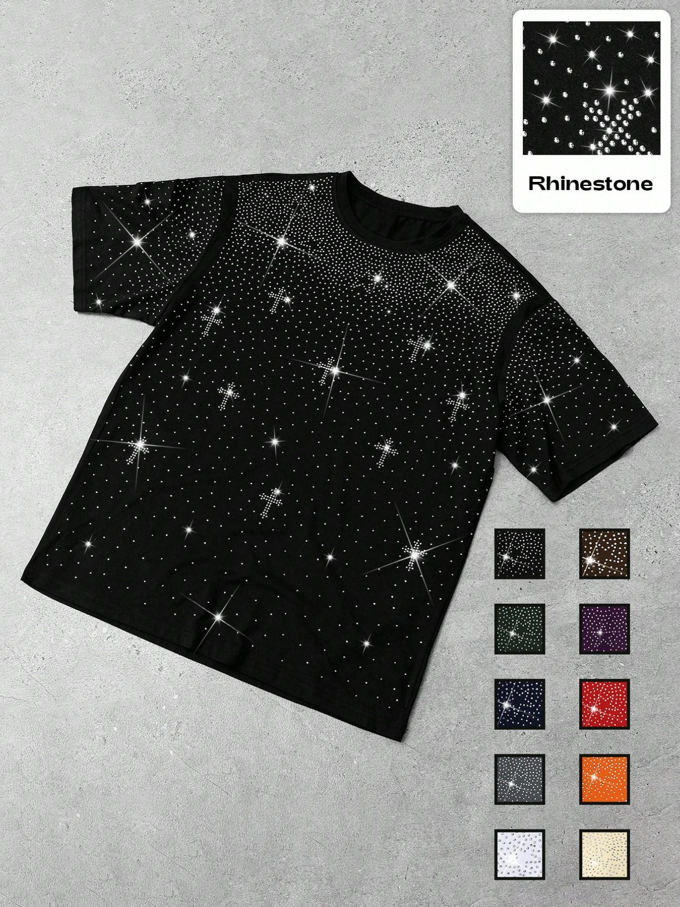 Men's Gothic Cross Rhinestone Embellished T-Shirt | Lightweight Breathable Polyester, Black Base with Sparkling Rhinestone Star & Cross Print, Oversized Fit, Y2K Streetwear Casual Tee, Ideal for Party, Night Out, Urban Street Style & Edgy Looks