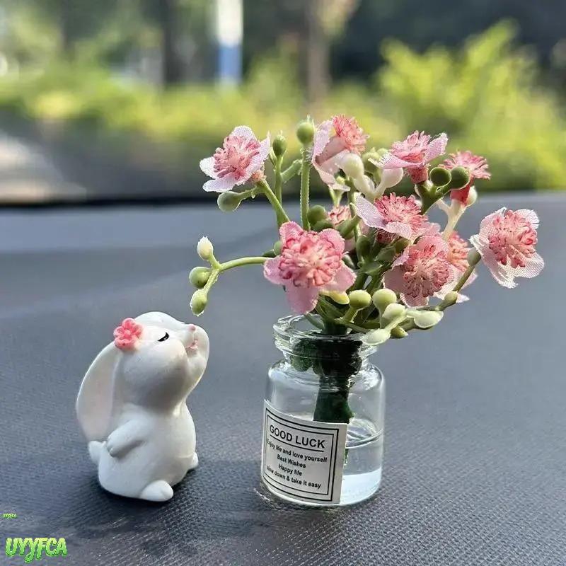 Car Dashboard Ornament Set, 2-Piece Coquette Kissing Bunny & Pink Floral Vase, Resin & Glass Interior Accent for Cars, Aesthetic Desk Decor Gift for Women, Ornaments, Artificial Flowers, Dashboard Decor, Thoughtful Gift, Dainty, Cute Pair, Car Dashboard D