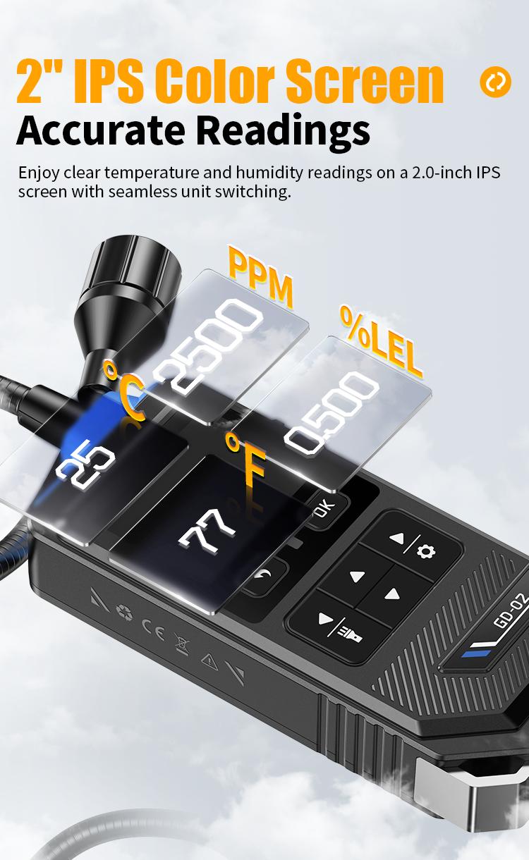 FNIRSI GD-02 Portable Gas Leak Detector 50000PPM Color Screen Display Methane LPG Detection with 36cm Probe 3 Alarms for Home Security System