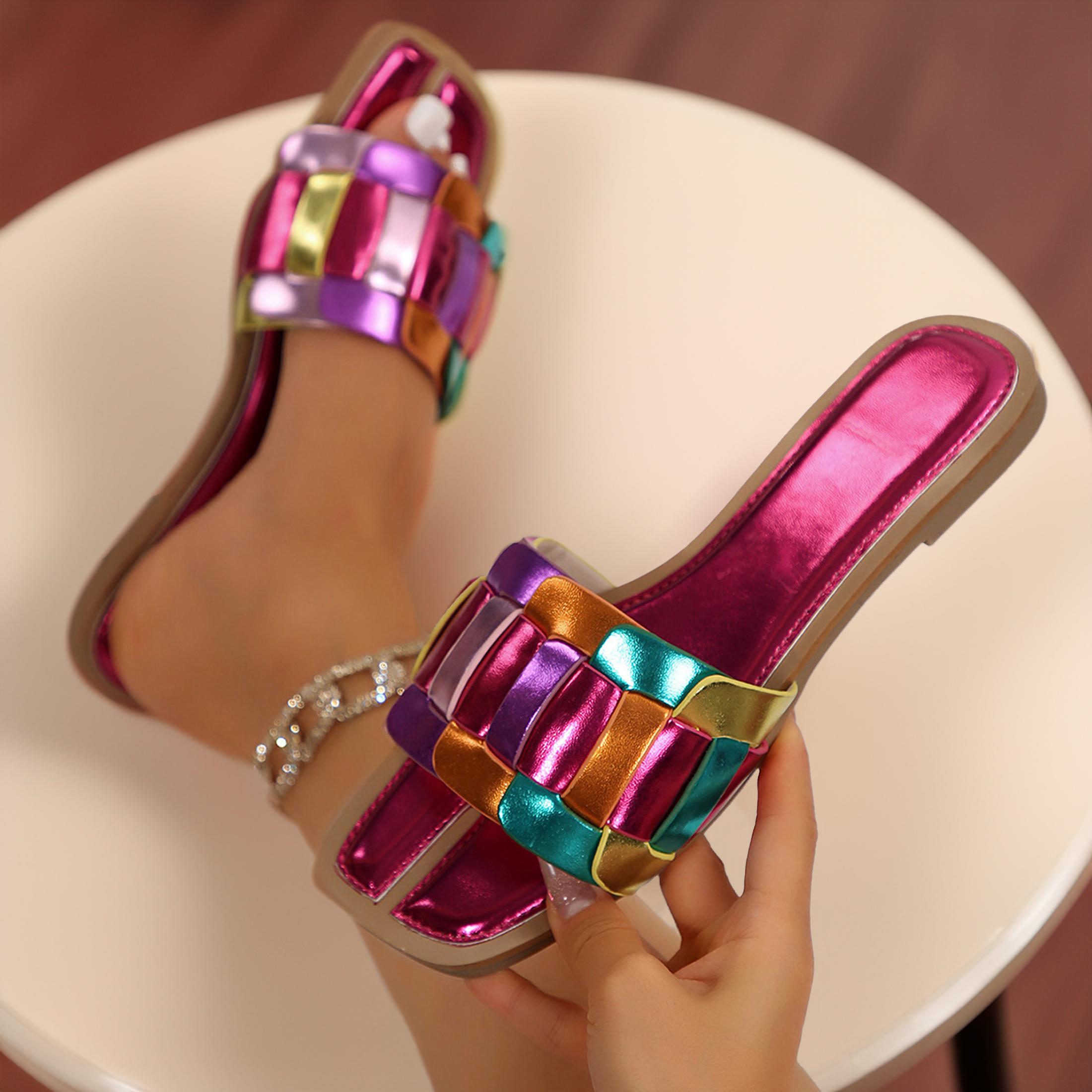 Colorblock Square Toe Sandals for Women - Open-Toed and Flat, Perfect for Summer Beach. Fashionable and Comfortable Women's Footwear.