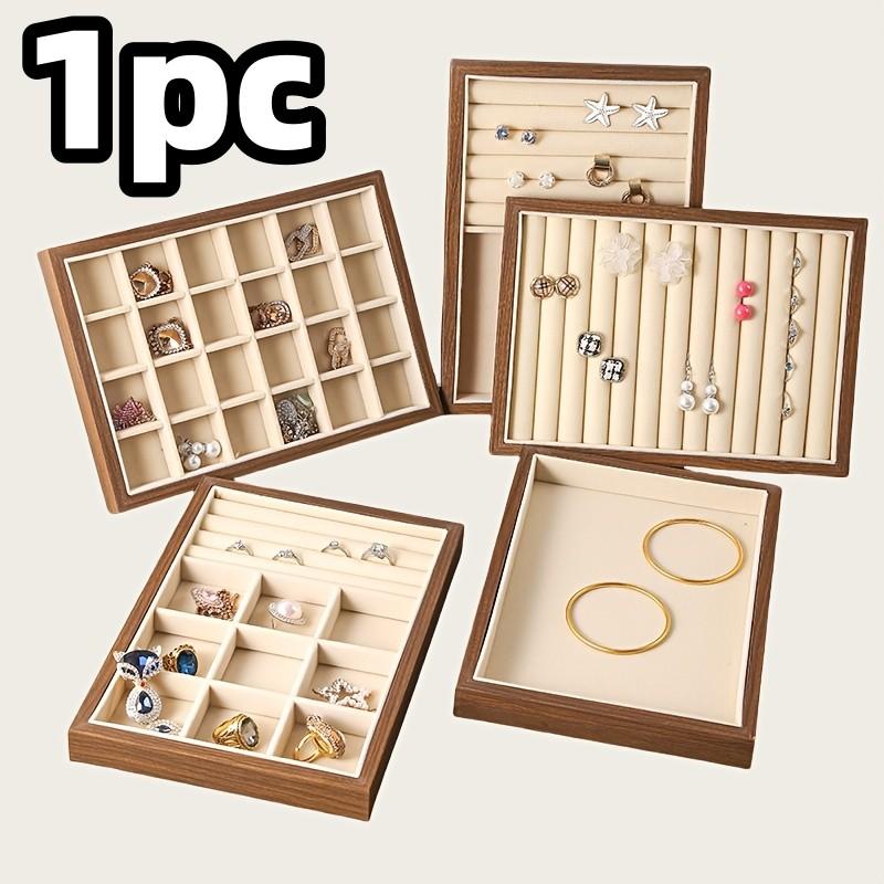 Walnut Wood Jewelry Storage Tray, Multi-Compartment Ring Earring Display, Large Capacity, Luxury Square Design, No Jewels Included