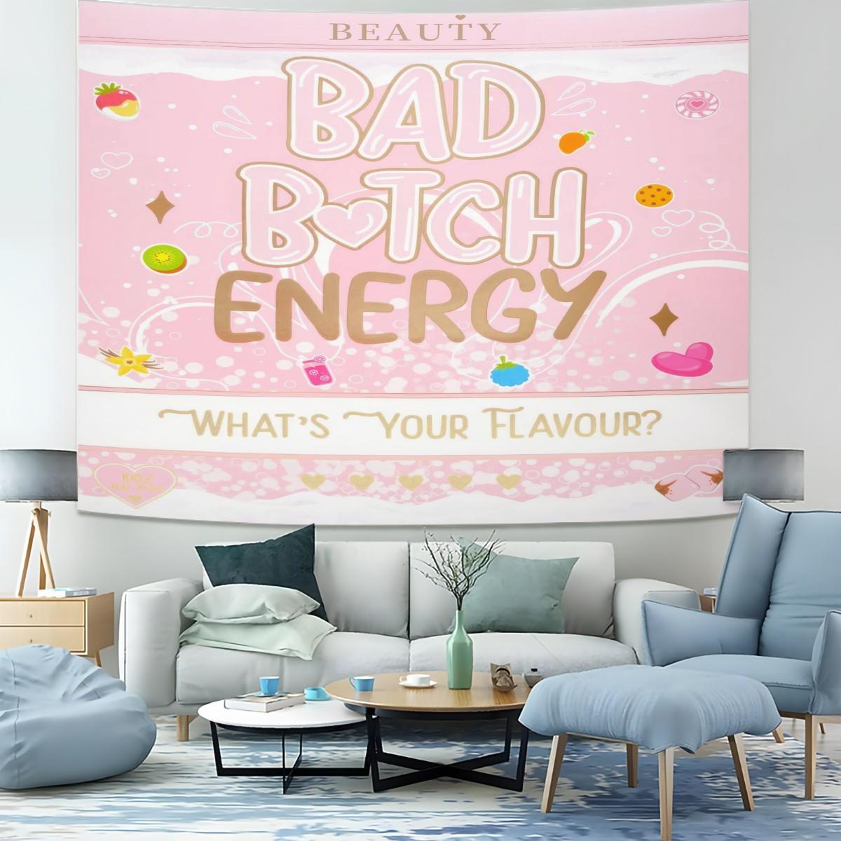 Y2K Bad B*tch Energy Tapestry, Cute Print Wall Hanging Tapestries, Sweet & Cool Style Backdrop Decor, Soft Colorful Wall Blanket for Bedroom Dorm Living Room, Perfect Gift