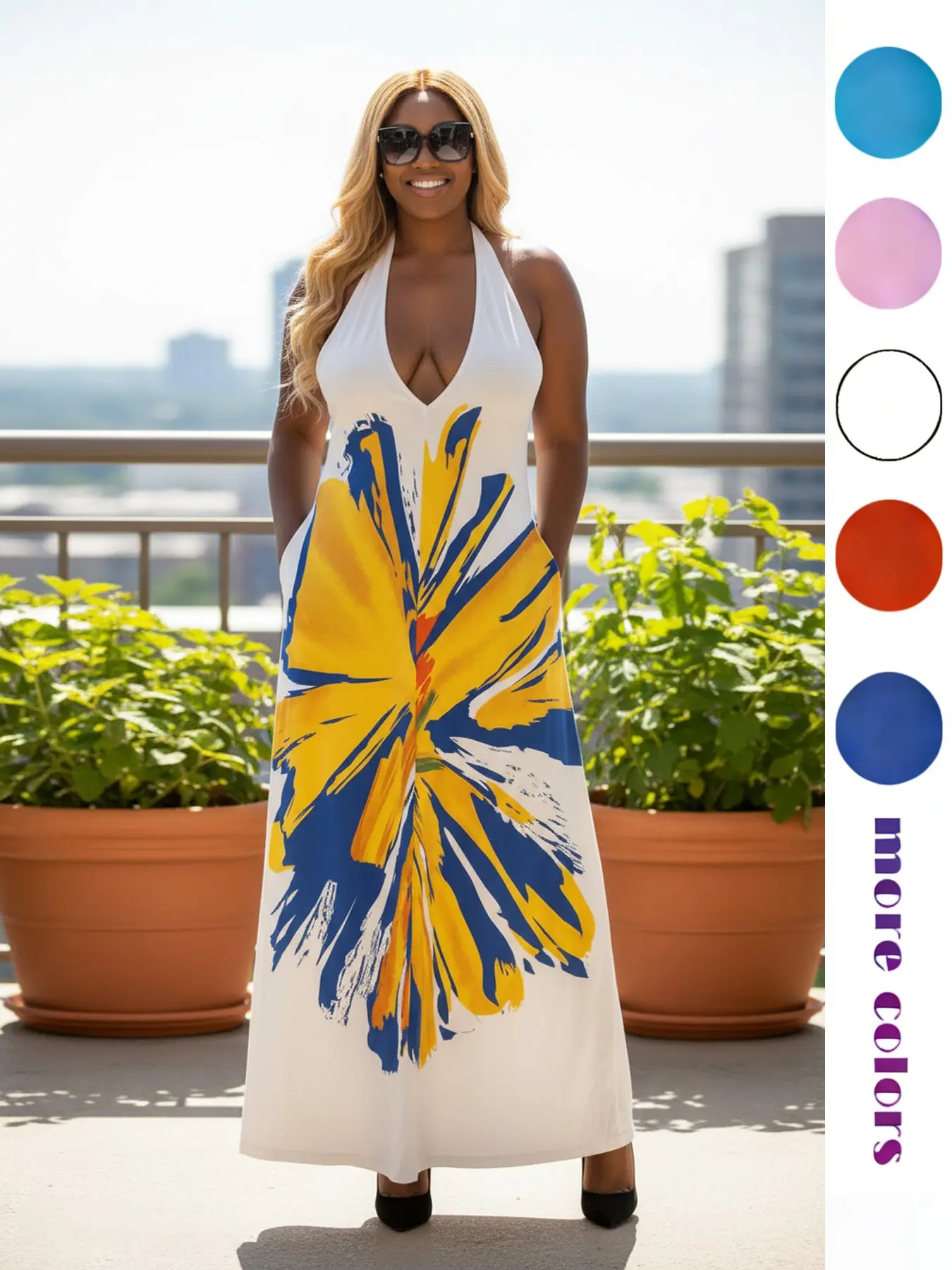 Women's Boho Floral Print Halter Long Dress, Sexy Deep V Sleeveless Dress, Loose-Fitting Vacation Style Dress, New Arrival