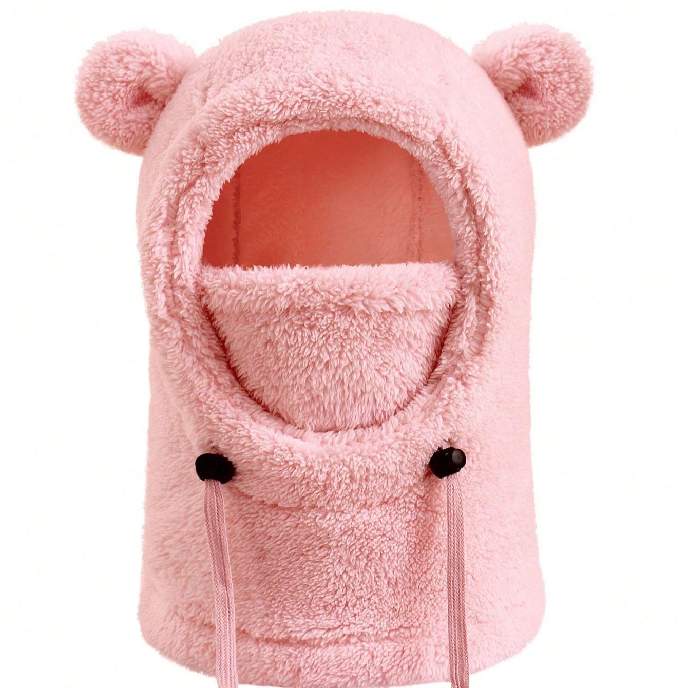 Autumn/Winter Kids Hooded Hat with Cute Bear Ears, Fleece-Lined Scarf and Mask, Unisex Children Outdoor Windproof Animal Headwear, Hooded Bonnet