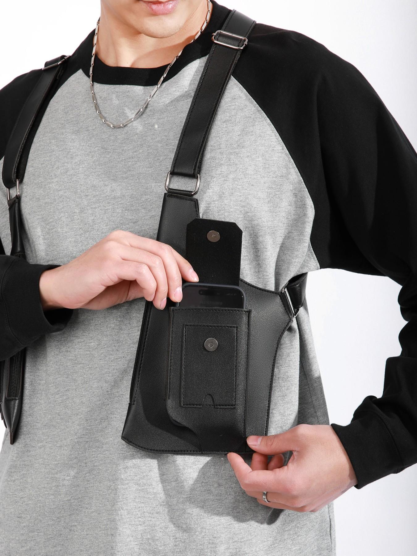 1pc Tactical style PU leather shoulder bag for men, multi pocket adjustable shoulder strap functional shoulder bag, cyberpunk style workwear armpit bag, trendy and cool outfit with vest bag