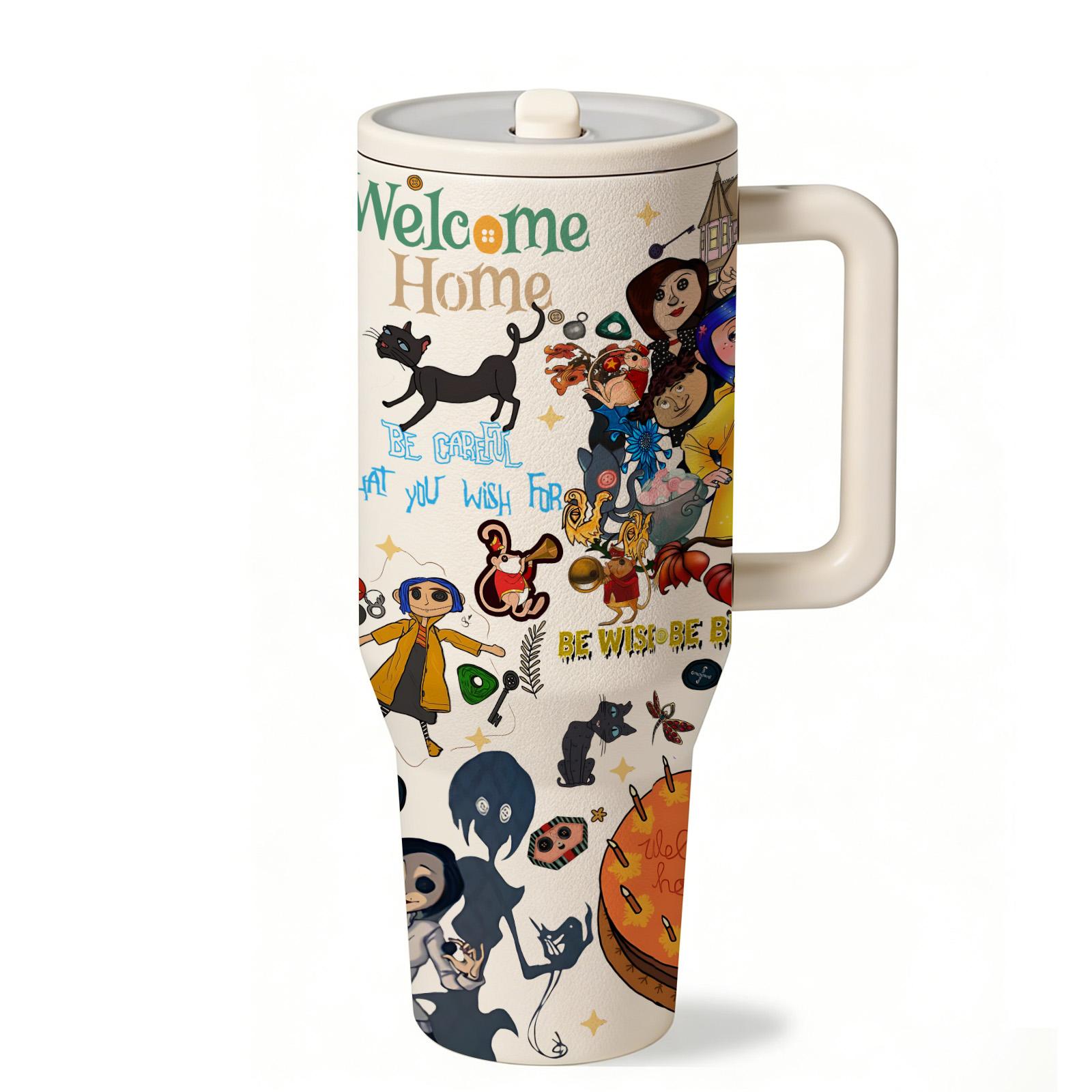 1 Pc 40ozYellow Raincoat Girl Insulated Tumbler With Handle And Lid, Cute Dark Fantasy Cartoon Design, Double Wall Stainless Steel Travel Mug For Hot Cold Drinks, Leak Proof Large Capacity Cup, Aesthetic Gift For Fans, Home Office Daily Use