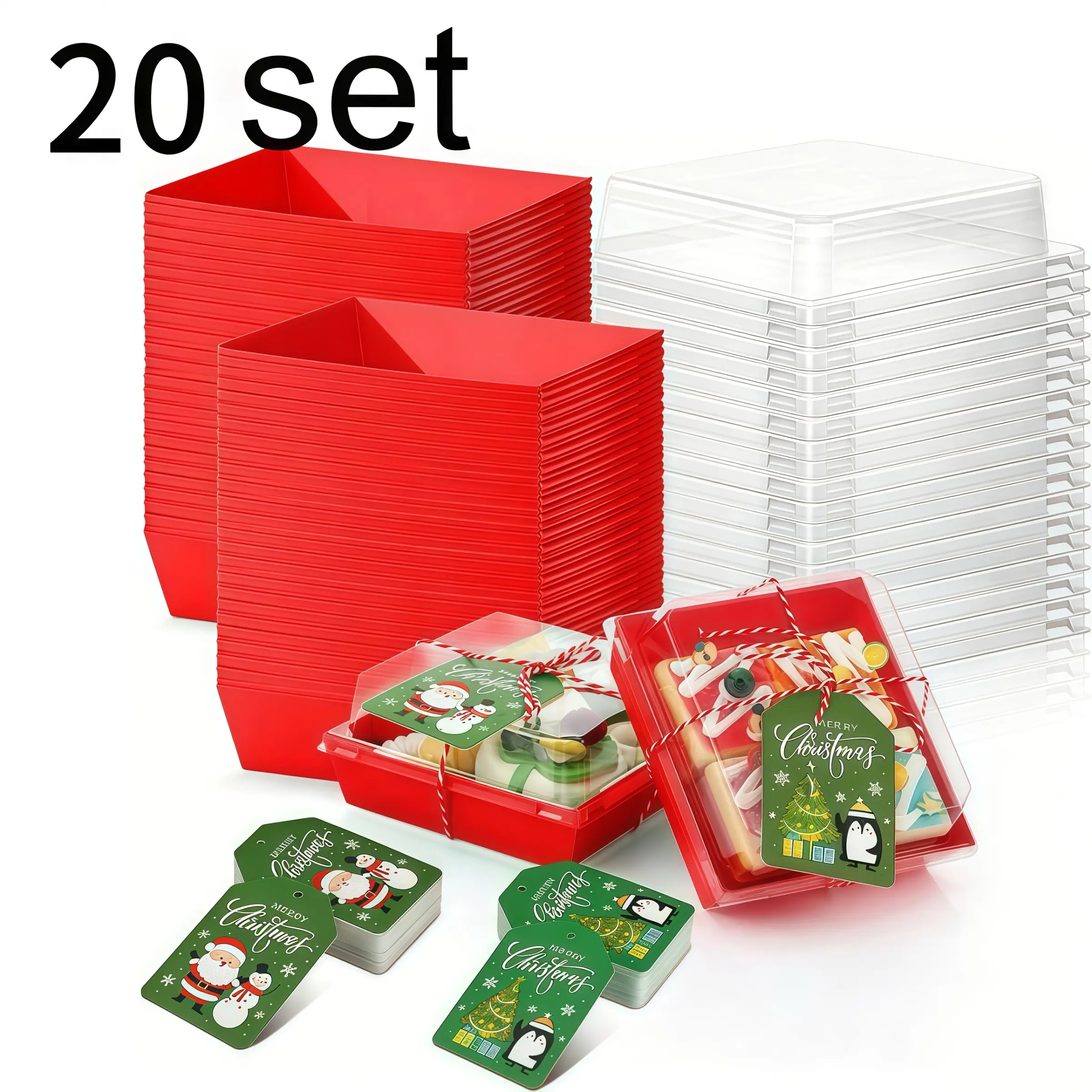 20 Sets Food Boxes with Transparent Lids and Hemp Rope, Square Baking Trays, Disposable Dessert Containers for Weddings and Parties