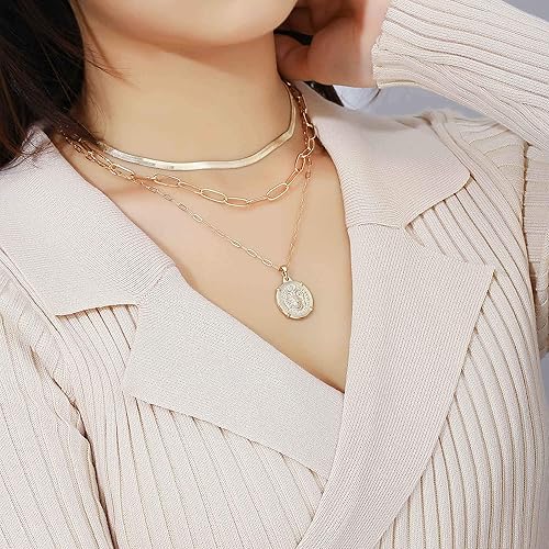 3PCS Gold Layered Necklaces for Women – Coin Pendant, Herringbone & Paperclip Chains – Trendy 14K Gold Plated Set