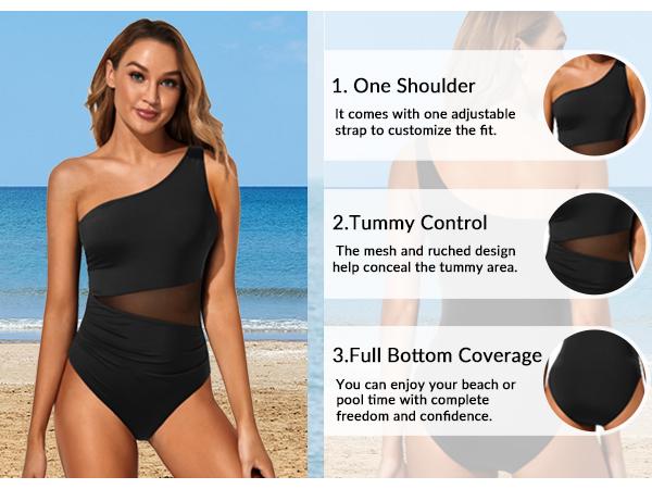 Yonique Women One Piece One Shoulder Swimsuit Tummy Control Bathing Suit Mesh Swimwear