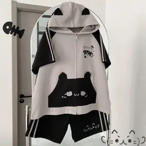Cute  Ear Zipper Jacket Shorts Set Y2K Retro Sports Style Casual Women's Outfit Spring Fashion Trend