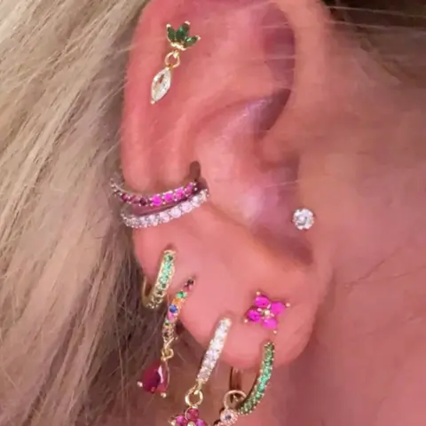Women's 9-Piece Colorful Cubic Zirconia Earring Set, Gold-Tone Ear Cuffs, Hoops & Studs, Stackable Jewelry for Music Festivals and Parties