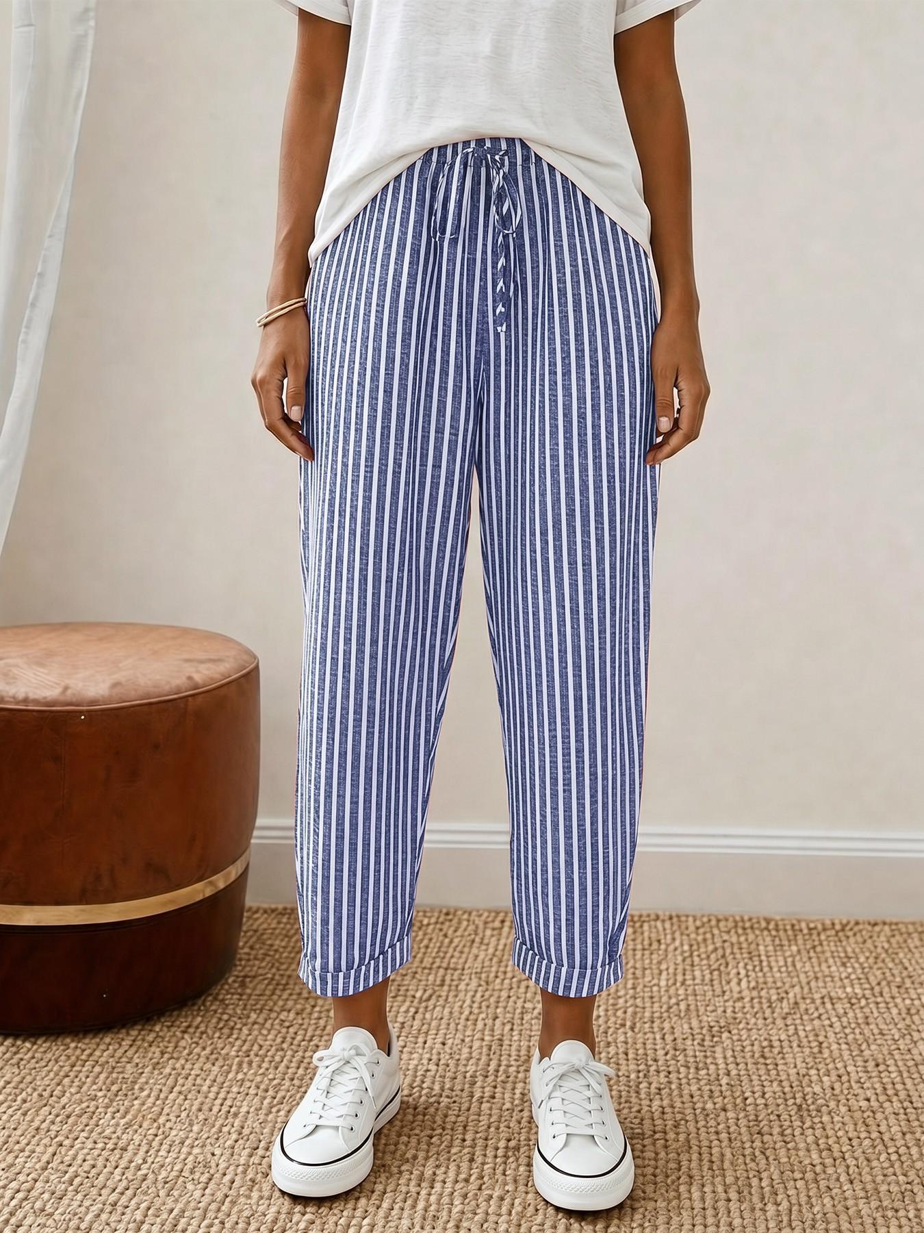 Women 2026 New Arrival Vertical Striped Linen Blend Cropped Pants, High Waist Drawstring Cuffed Casual Capri Trousers with Pocket, Summer Loose Fit Beach Everyday Jogger Pants, All Season, Casual Style Bottoms