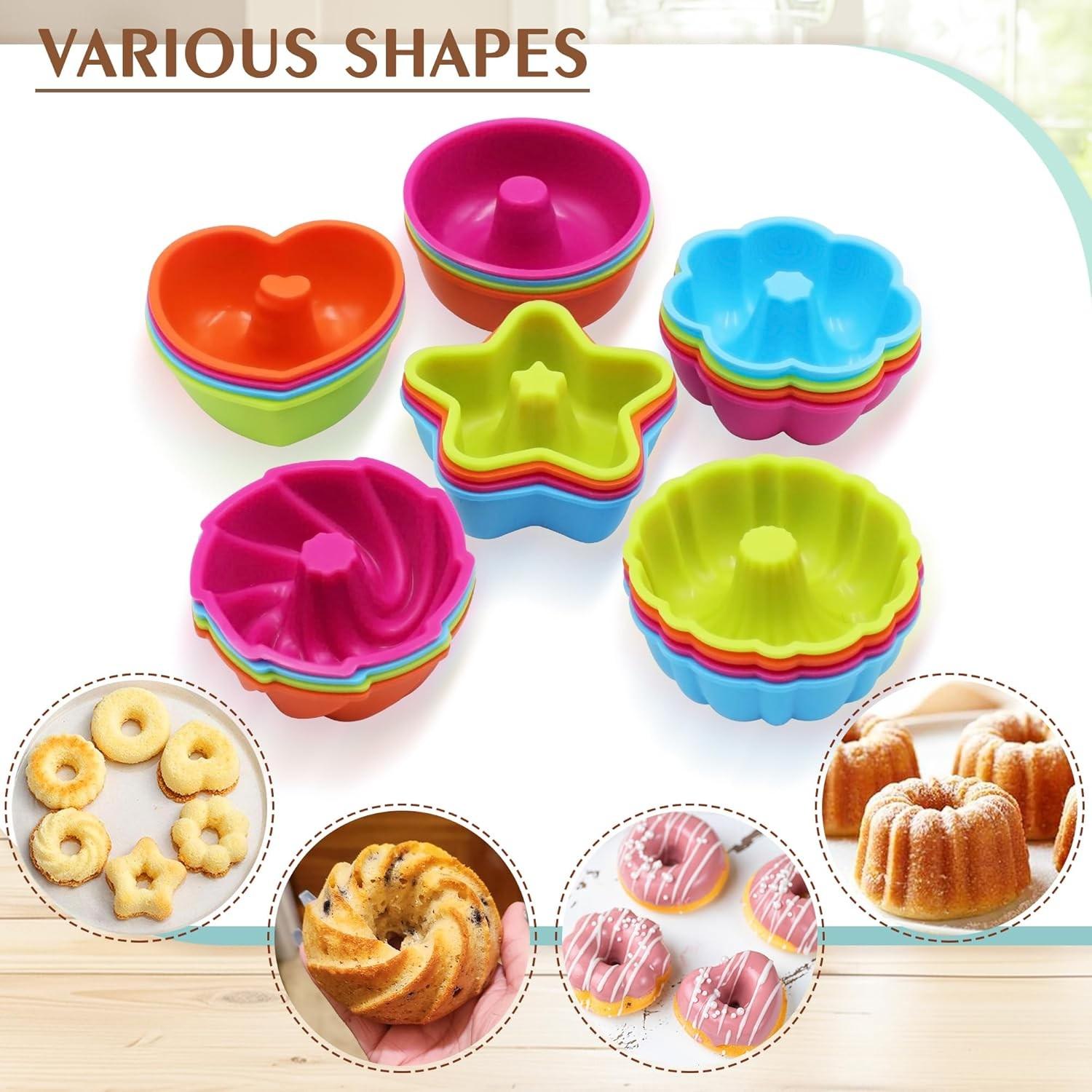 24 Pcs Silicone Cooking Molds, 6 Pcs Various Styles of Silicone Baking Cups, Non-Stick Cupcake, Donut, and Muffin Molds, Pastry Liners, Baking Supplies, Oven, Microwave, and Dishwasher Safe, Kitchen Appliance