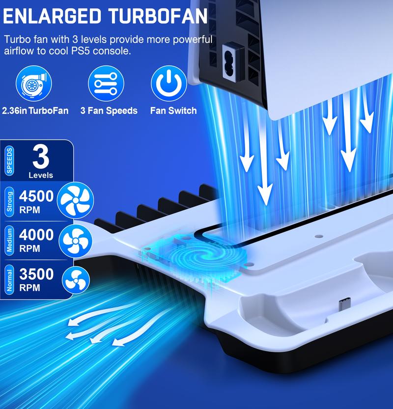 ESYWEN PS5 Slim/PS5 Pro Stand & Cooling Station with Dual Controller Charger, 3-Level Fan, 13-Game Holder, USB Hub, Headset Mount, Fast Charging Dock, LED Indicators