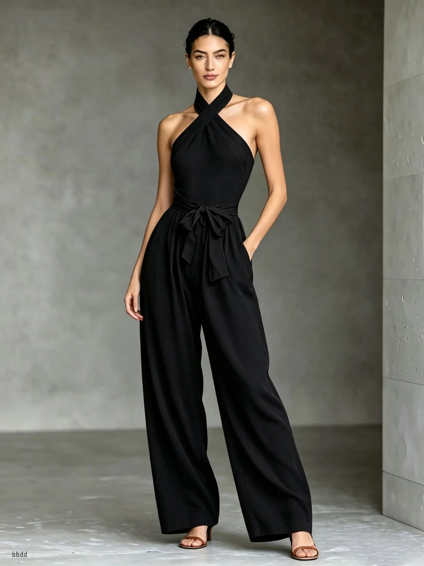 Women's Cross-Over Wrap Halter Jumpsuit, Detachable Straps, Wide Leg, Side Pockets, Breathable Summer Sleepwear, Casual & Vacation Wear