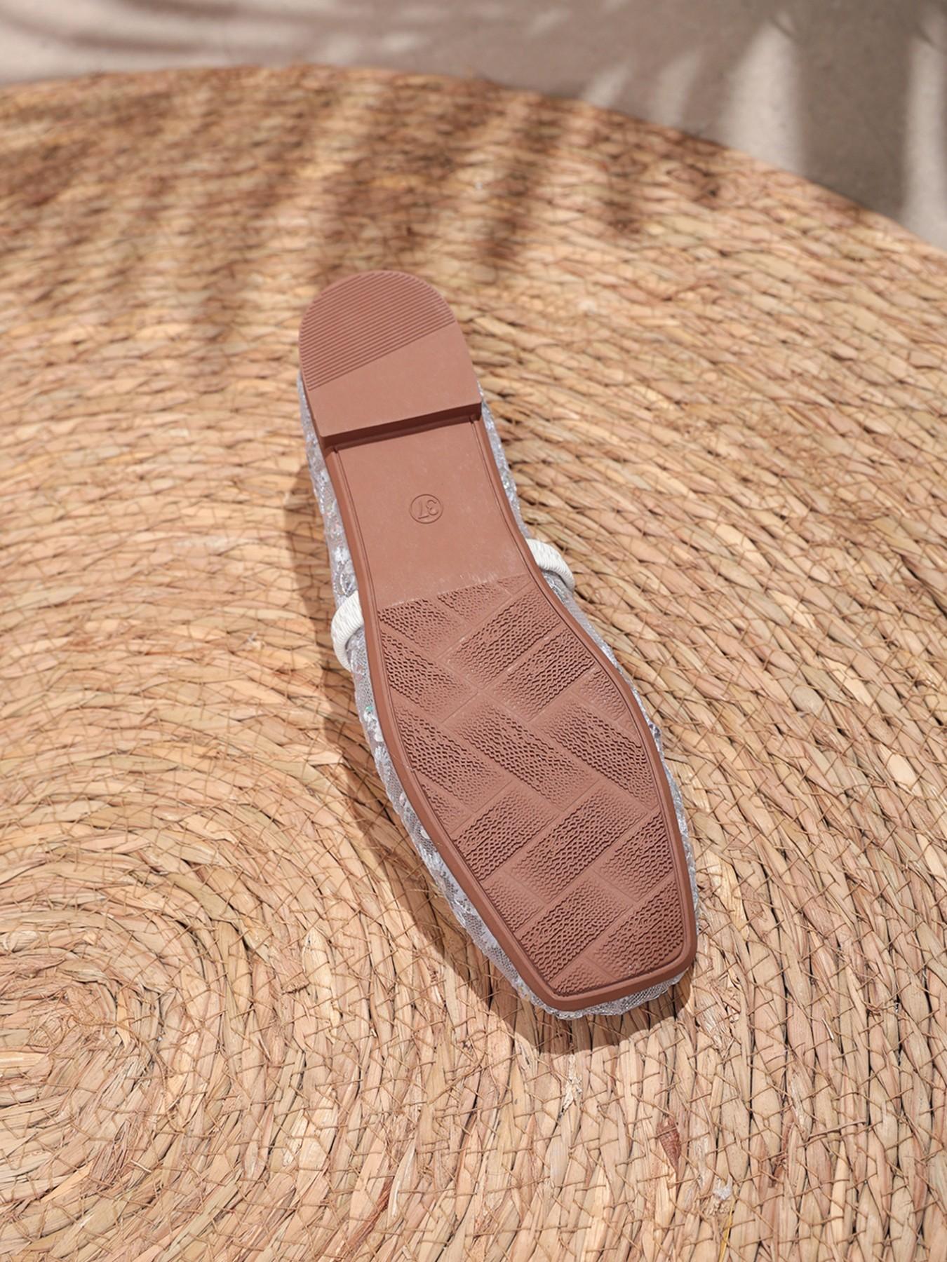 New Mesh Sequin Mary Jane Shoes for Women, Breathable Square Toe Slip-On Casual Flat Sandals Footwear, Comfortable & Non-Slip Design