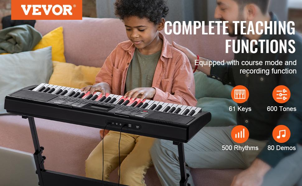 VEVOR 61-Key Digital Keyboard Piano for Beginners, Lighted Keys Portable Electric Piano with Adjustable Stand, 600 Tones, 500 Rhythms, Built-In Speakers, Sustain Pedal, Headphones, USB MIDI for Music Practice, Aa Batteries