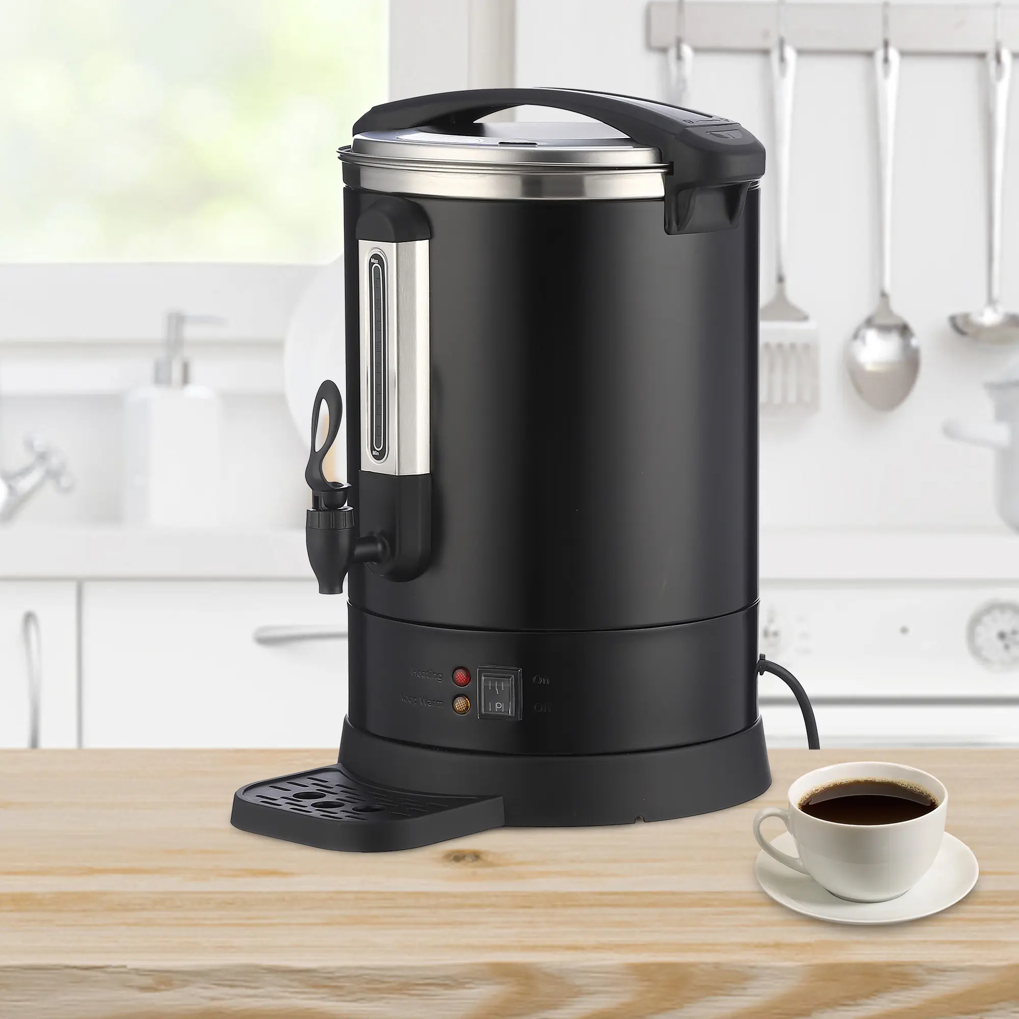 Commercial Black Coated Stainless Steel Coffee Urn - 14L/18L Hot Drink Dispenser for Buffet Events, Catering