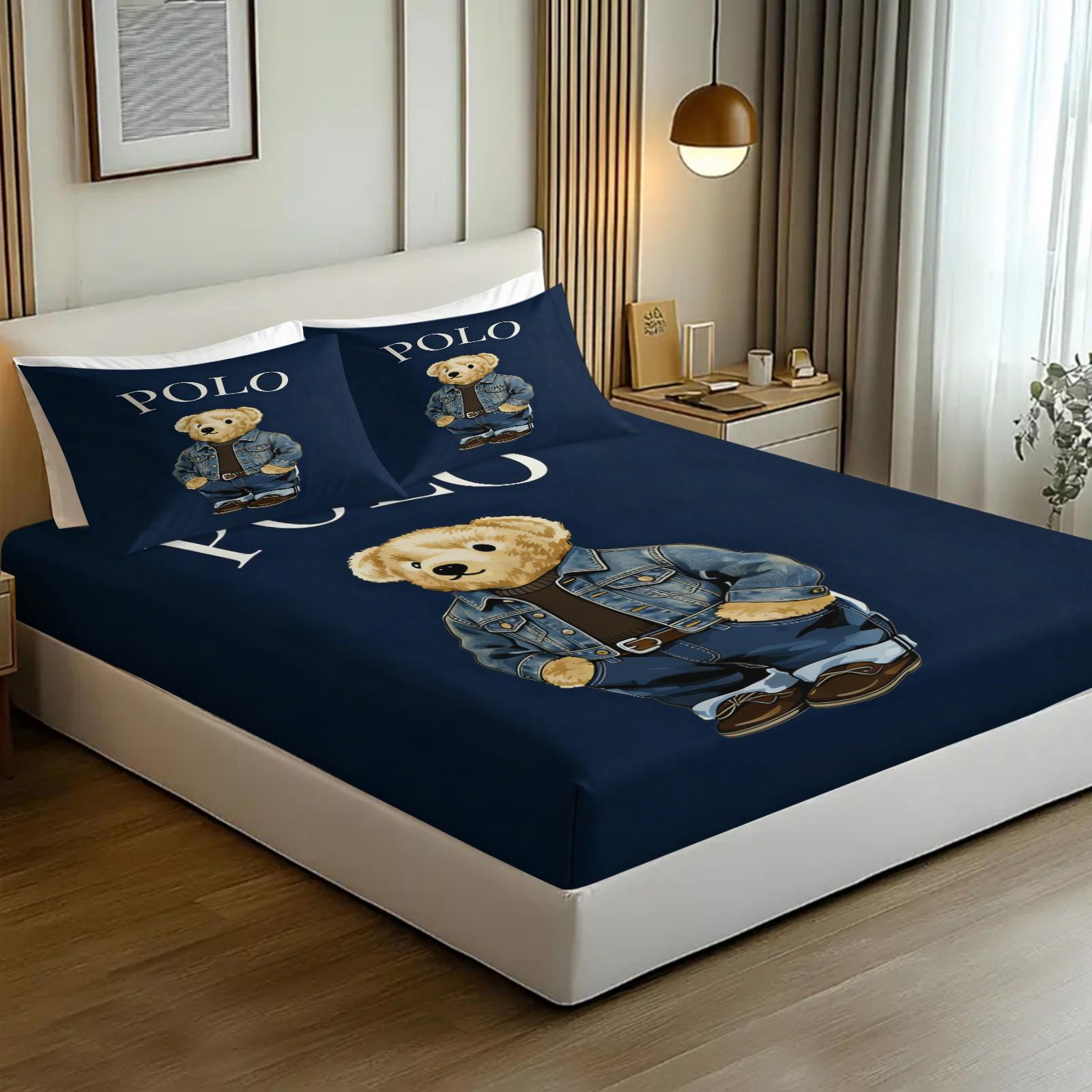 Teddy Bear Pattern Bed Sheet, Comfortable Printed Pattern, Includes 1 Bed Sheet and 2 Pillowcases, Comfortable Bedding, Non slip Dust Cover Suitable for Bedroom and Guest Room, Suitable as a Gift for Children or Adults