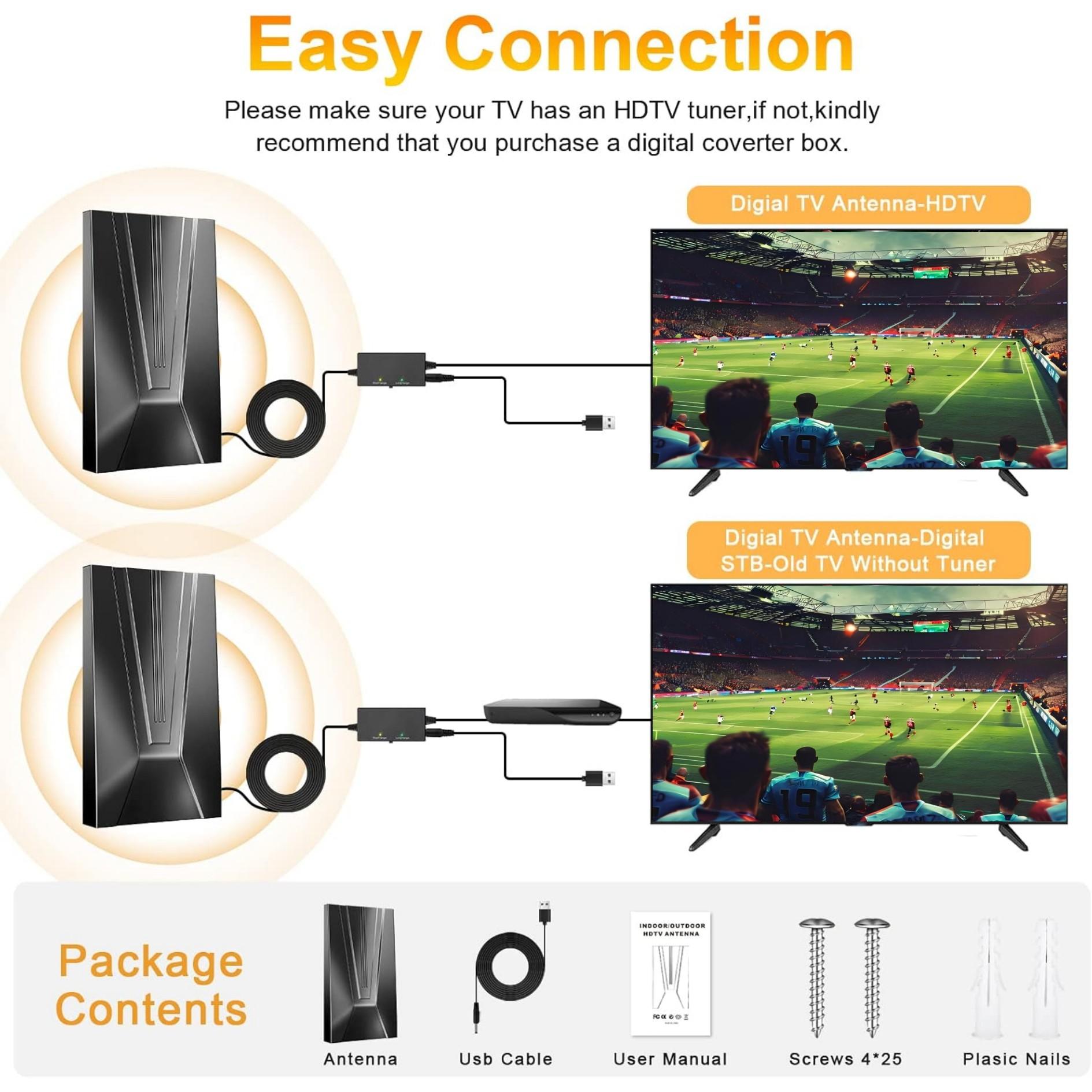 High-Quality Digital HD TV Antenna, Compact Design, Powerful Performance, Long-Range Signal Reception, 300 Miles, Suitable for Us and Eu Regions