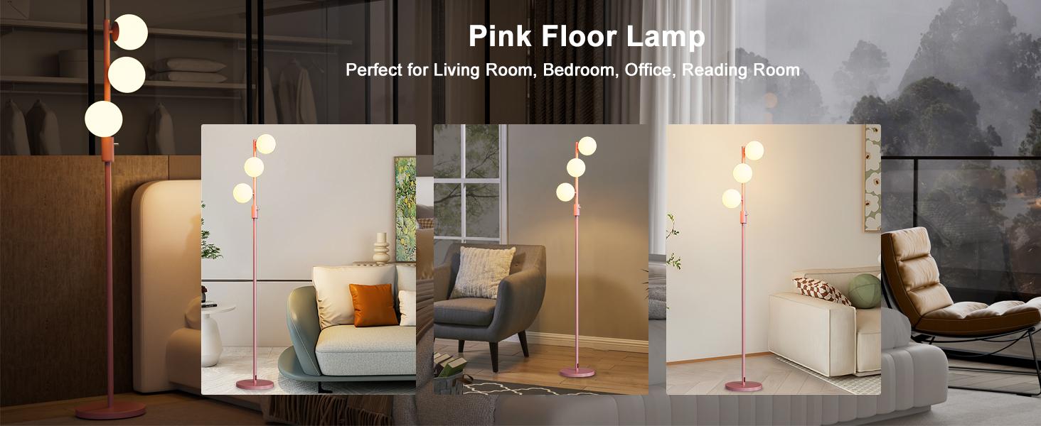 Lightdot Dimmable (Brightness Adjustable) Globe Floor Lamp, Pink Pole Standing Lamps with 3PCS 3000K G9 Bulbs, Mid Century Modern Floor Lamp for Living Room