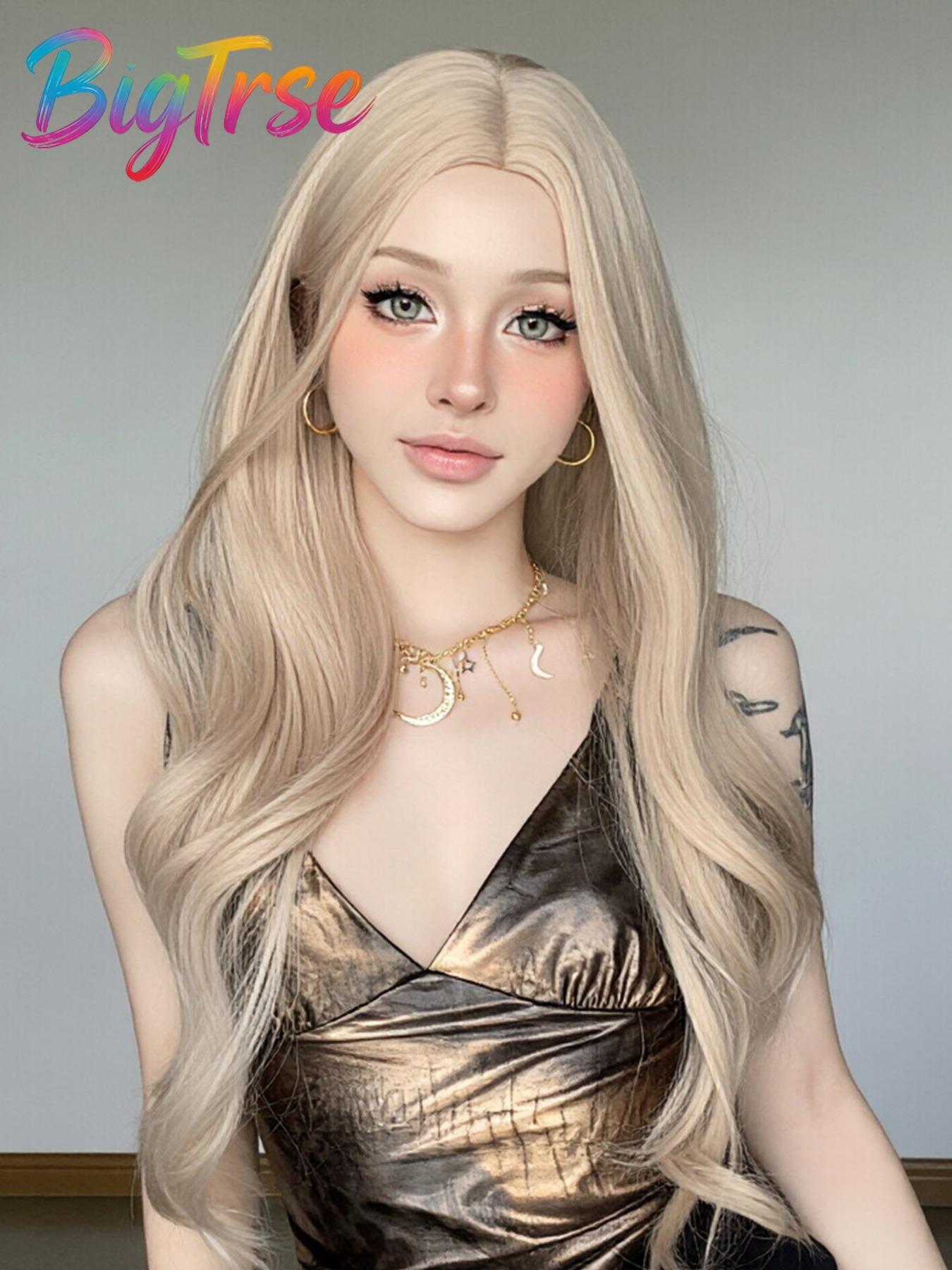 Bigtrse Women's 26-Inch Wavy Synthetic Wig, Platinum, Heat-Resistant Fiber, Natural Hairline, Perfect for Halloween, Parties, Daily Wear