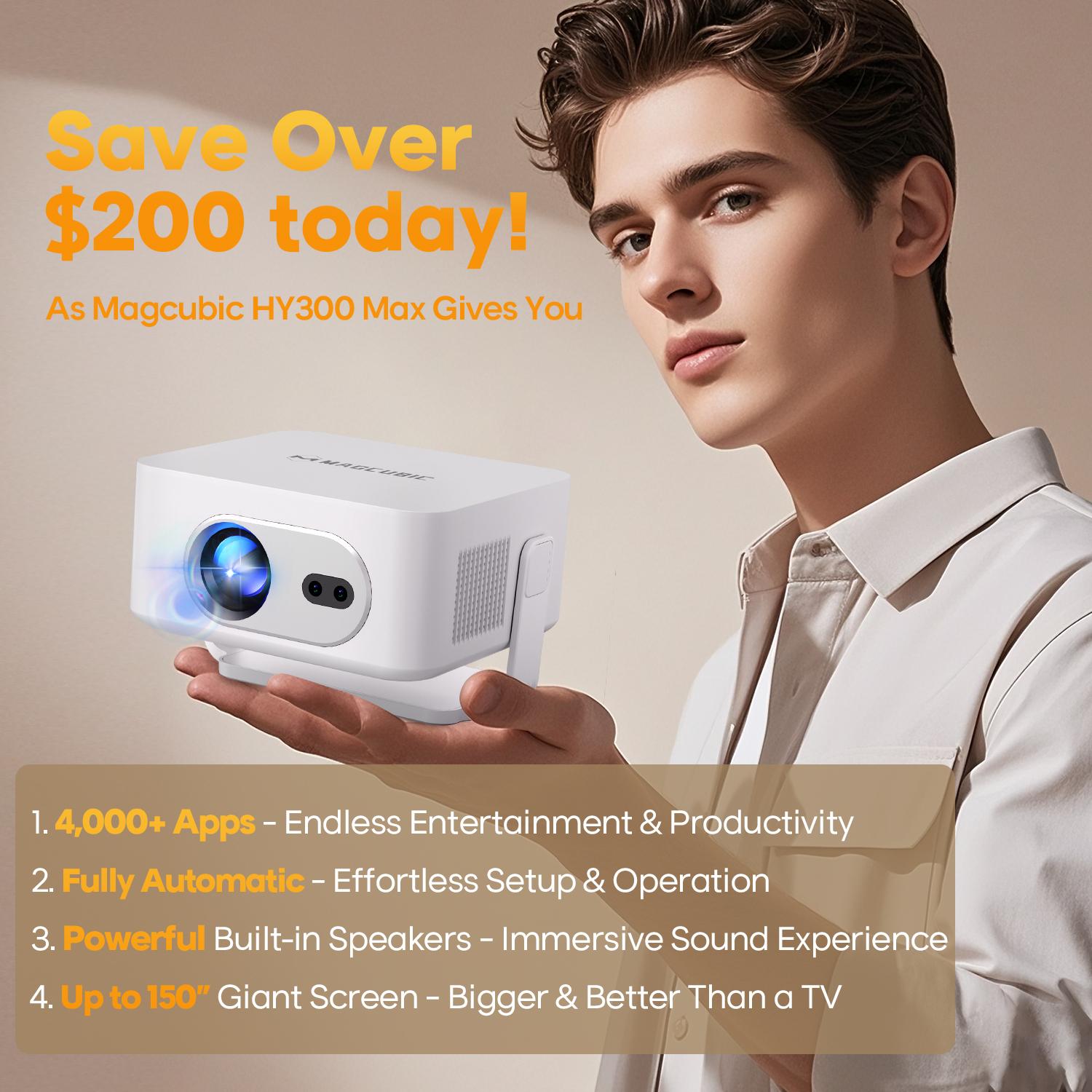 Magcubic HY300MAX Projector Auto Focus 8K Decode HD 400ANSI Android 14 Allwinner H726 with 0.8:1 Throw Ratio Dual WiFi6 BT5.4 Auto Keystone HDR/HDR10+/HLG Native 720P Built-in Speaker Portable Mini Home Cinema Movie Outdoor