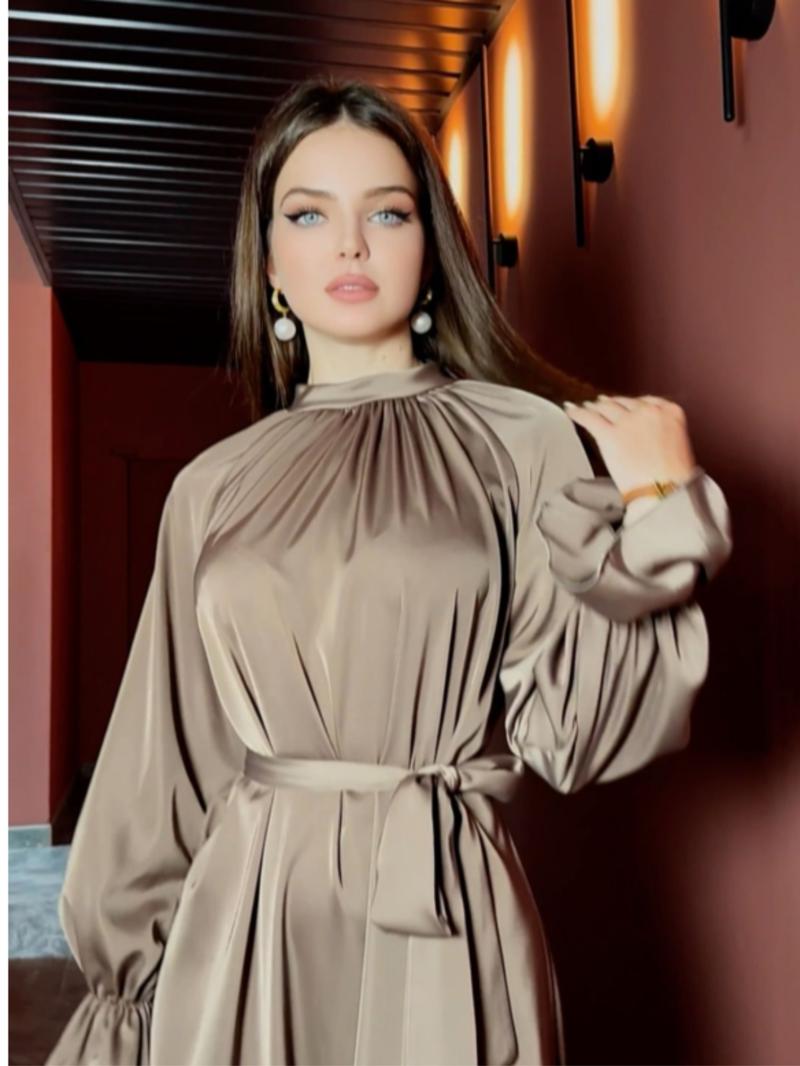 Elegant Satin Women's Dress, Long Sleeve Round Neck, Belted Plain Style, Chic Elegant Fitted, Perfect for Parties and Formal Occasions, Spring & Fall