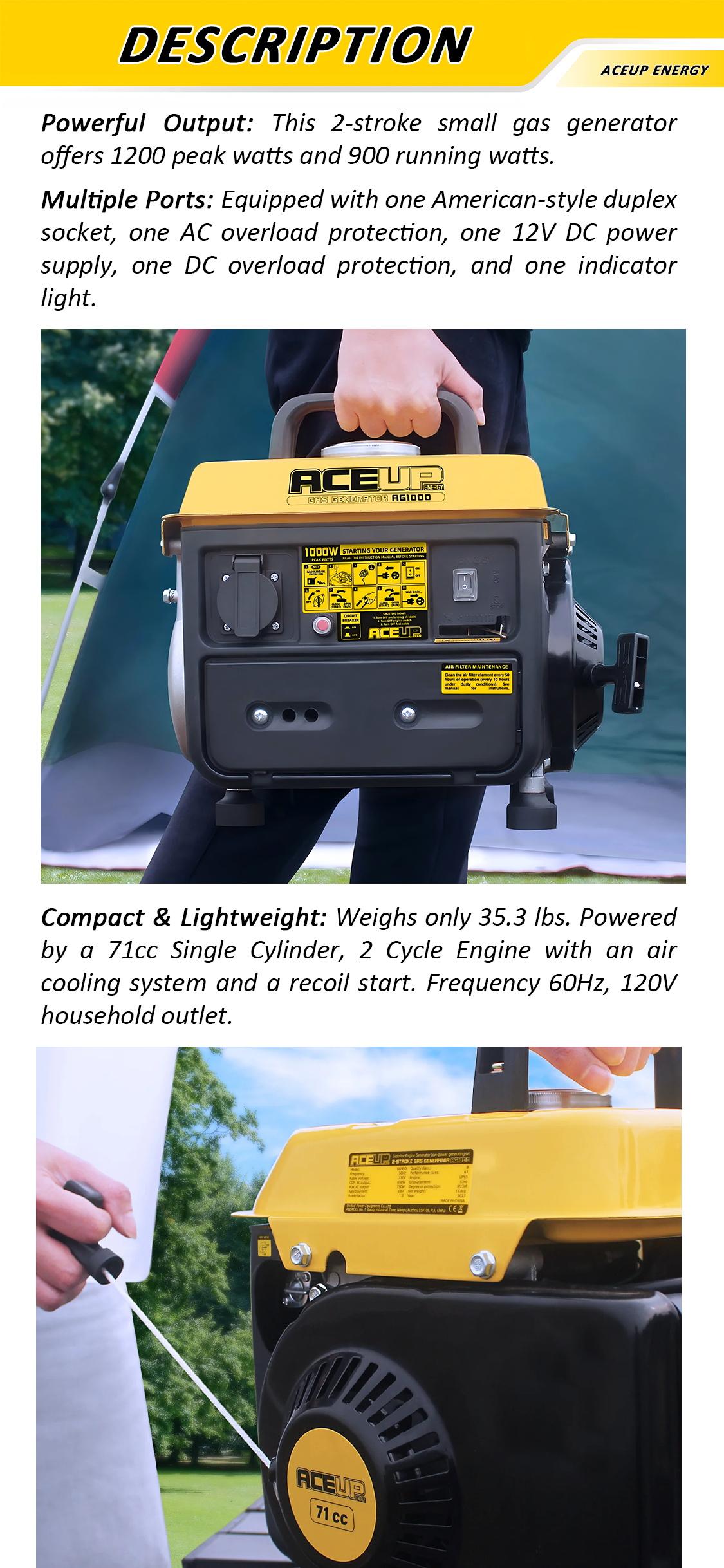Aceup Energy 1200W 2-Stroke Portable Gas Generator | Small Generator Camping Ultralight, EPA & CARB Compliant-AG1200 Aceup Energy 1200W 2-Stroke Portable Gas Generator | Small Generator Camping Ultralight, EPA & CARB Compliant-AG1200
