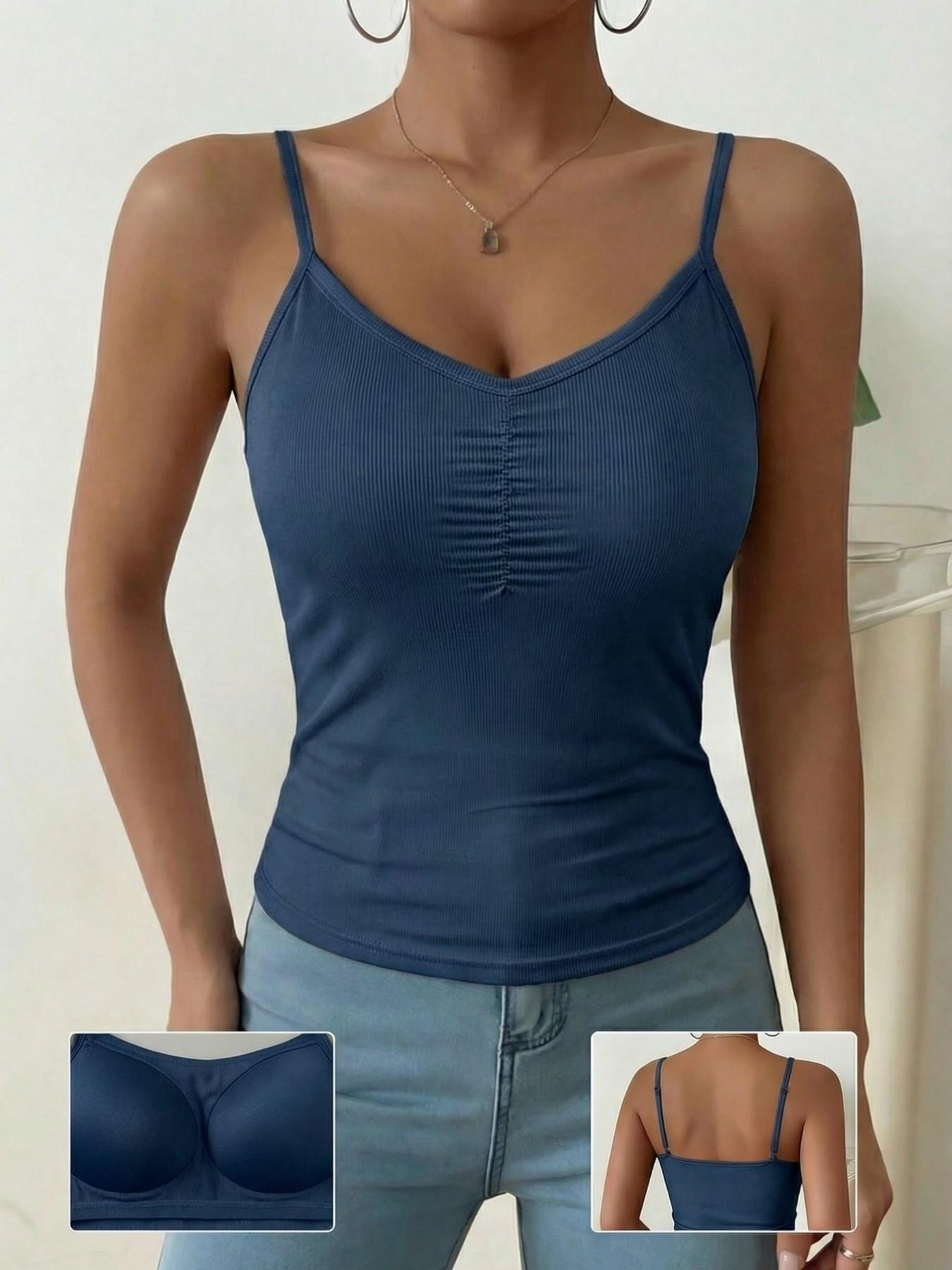 Women's Ribbed Bra Cami Tank Top - V Neck Ruched Front, Padded Adjustable Spaghetti Strap Camisole, Wire-Free All-in-One Undershirt